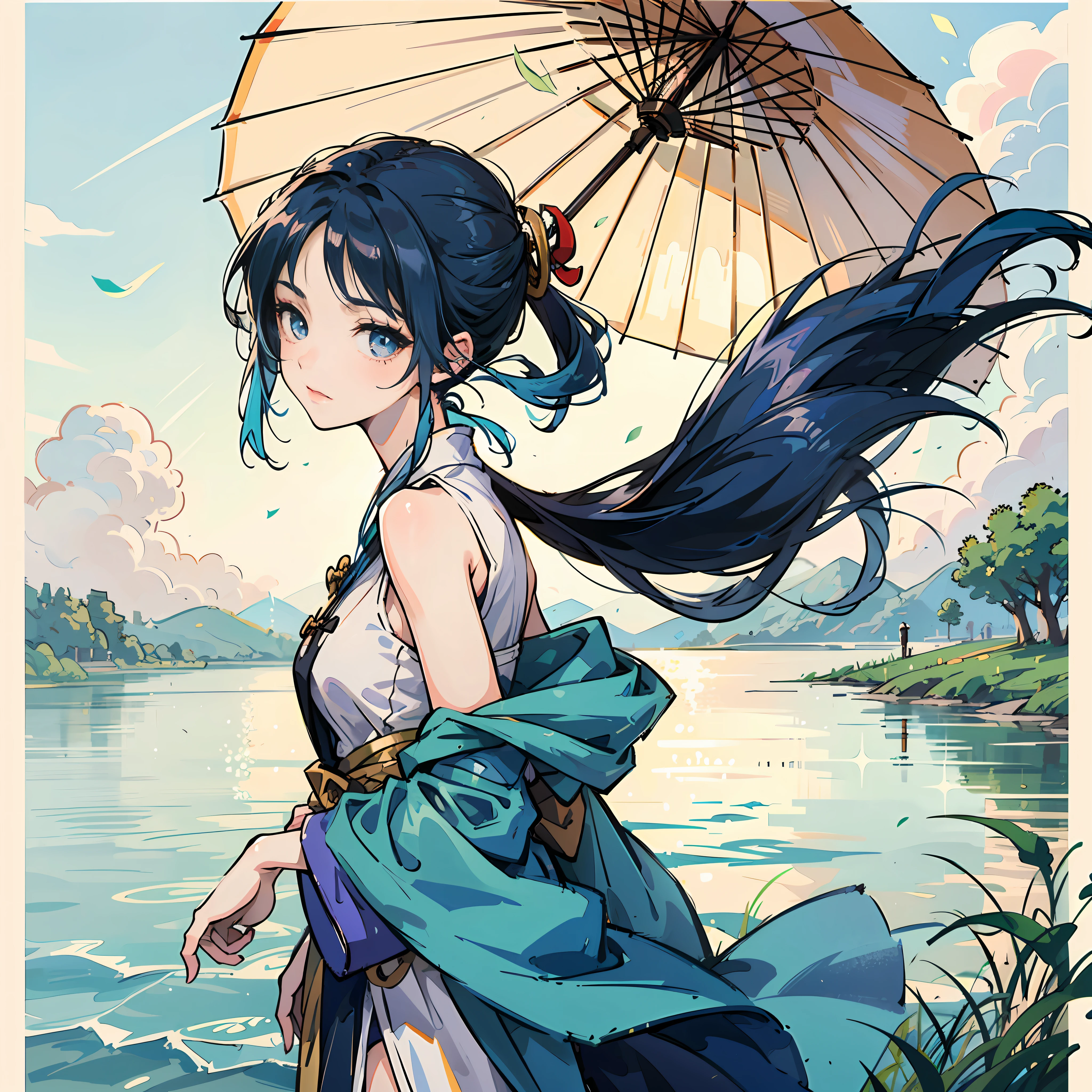 Hanfu style,A pretty girl,Bandage sideburns,Blue hair。Street corner makeup shines,One person holds an oil-paper umbrella,in the middle of a lake,Breeze in the wind,Beautiful anime style。 --auto