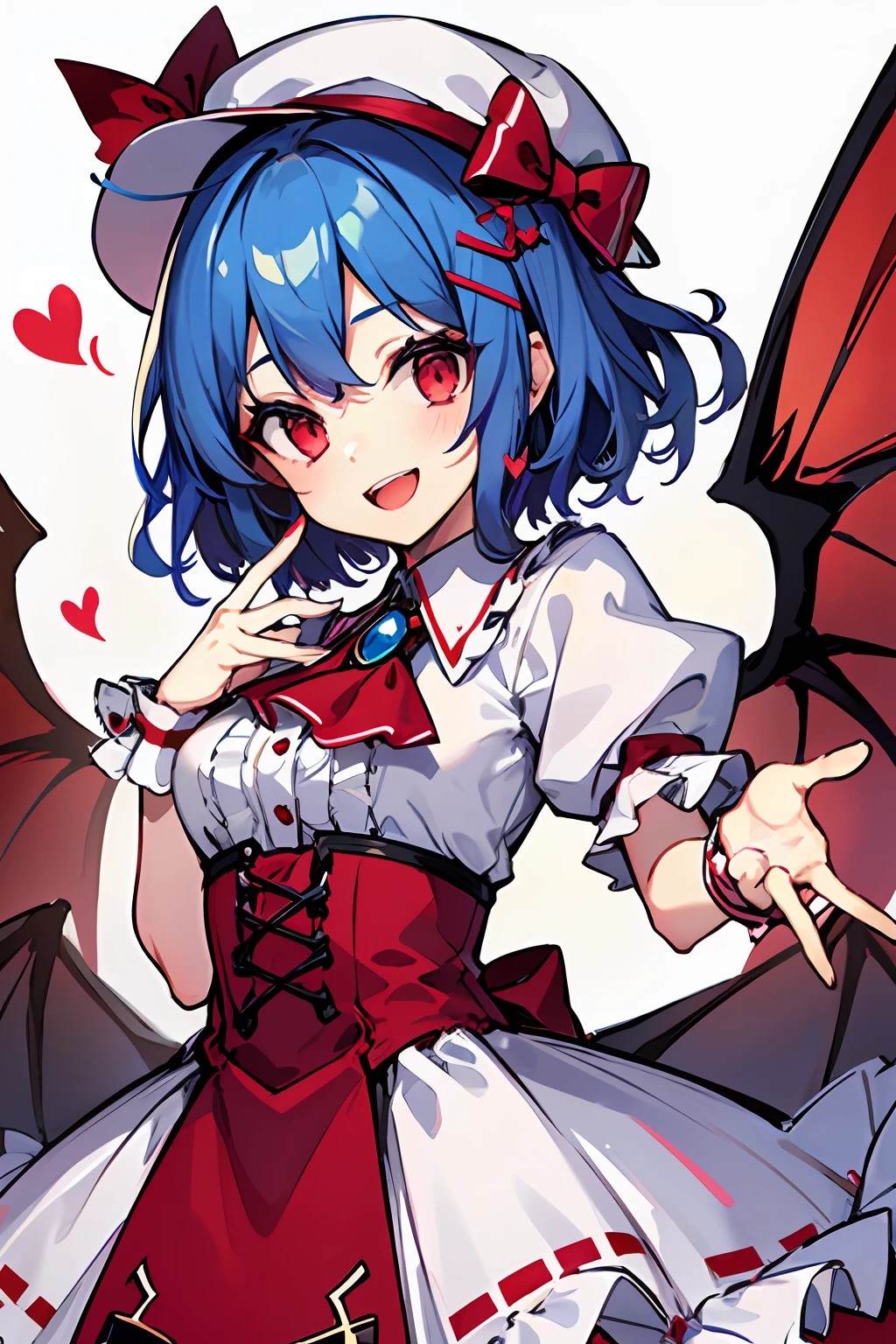 1girl, solo, hat, red eyes, remilia scarlet, mob cap, blue hair, smile, white background, wrist cuffs, looking at viewer, short hair, open mouth, upper body, simple background, ribbon, bow, puffy sleeves, ascot, short sleeves, hat ribbon, brooch, heart hands, jewelry, heart, puffy short sleeves