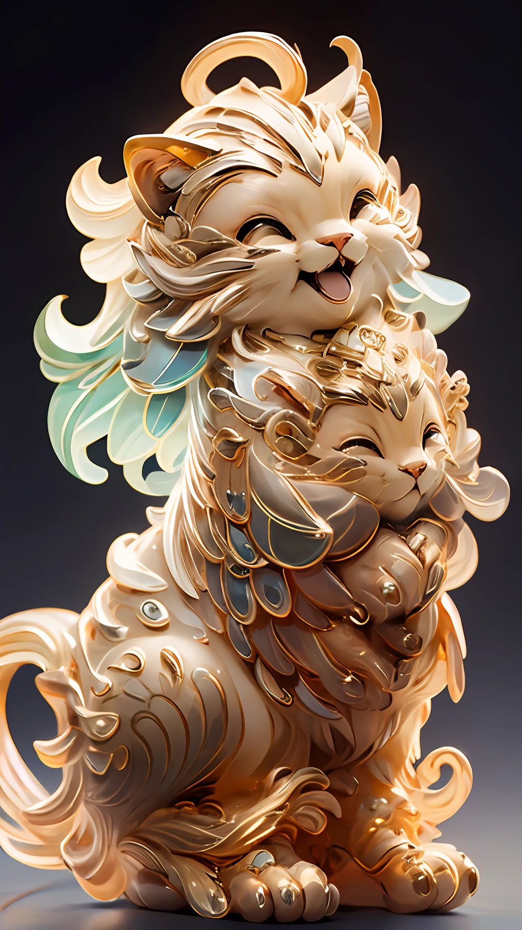 in the shape of a cat,Bling background,Dreamy colors,Transparent statue,florals,Big eyes,golden colored,Open-mouthed,laughingly,tmasterpiece,(best qualtiy:1.3), full bodyesbian,Ling_Long