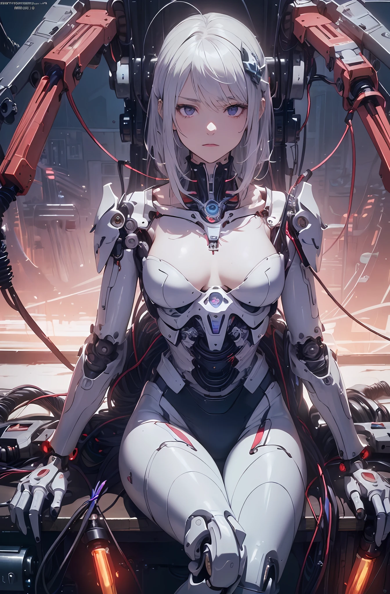(((Masterpiece)))), (((highest quality)))), ((Ultra Definition)), (Very Detailed Photoreality), (((Very Delicate and Beautiful)), (Delicate and Pretty Face), Cinematic Light, (((1 Machine Girl)), Solo, Full Body, Big, Cleavage Is Visible Skin, White Hair, Purple Eyes, Luminous Eyes, (Mechanical Joint: 1.4), (Mechanical limbs)), (Blood vessels connected to tubes), (( Mechanical vertebrae attached to the back)), ((Cervical vertebrae of the machine) attached to the neck)), (((sitting)), expressionless, (wires and cables attached to the head and body: 1.5), (character focus), small LED lamps on the body, Evangelion, SF, metallic body, detailed neon