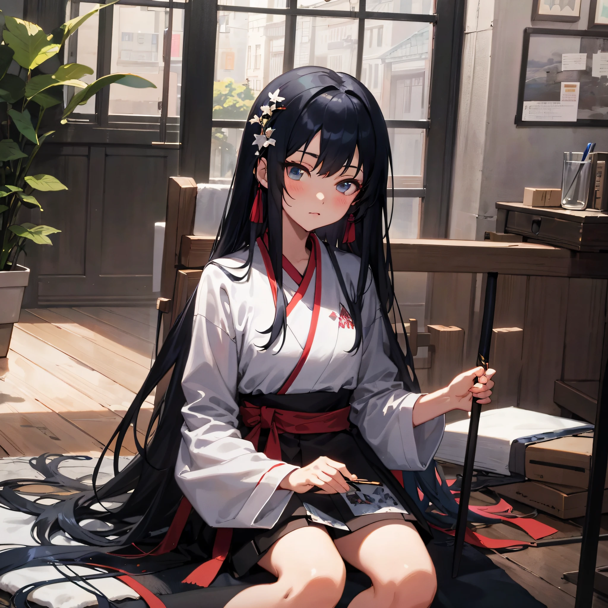 Anime girl sitting on carpet,Holding a sword in hand, style of anime4 K, Anime girl with long hair, up of young anime girl, seductive anime girls, anime moe art style, attractive anime girls, From Arknights, Beautiful anime girl, Guweiz in Pixiv ArtStation, An anime girl, beautiful anime girl crouching, Smooth anime CG art