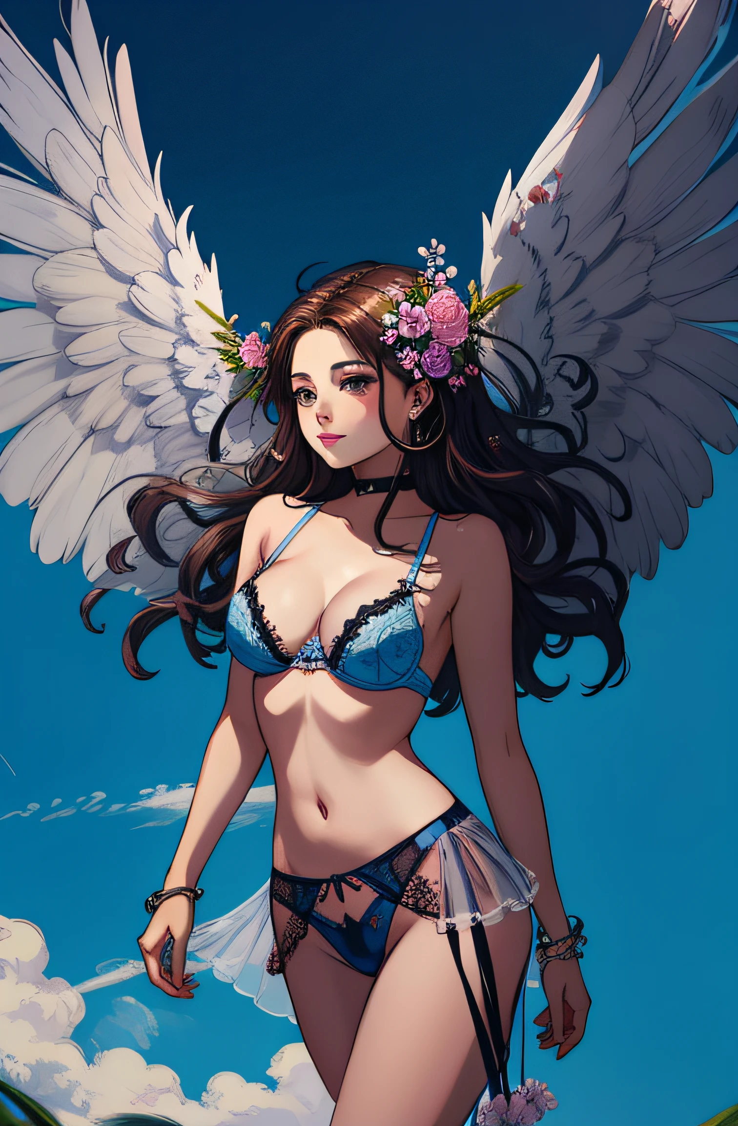 Arafed Woman in lingerie with wings and flowers in her hair, beautiful cyborg angel girl, beautiful female angel, of beautiful angel, young wan angel, beautiful angel, of an beautiful angel girl, Karol behind UHD, angel girl, super wide angel, wide angel, wide angel shot, girl with angel wings, beautiful angel girl portrait, winged girl angel