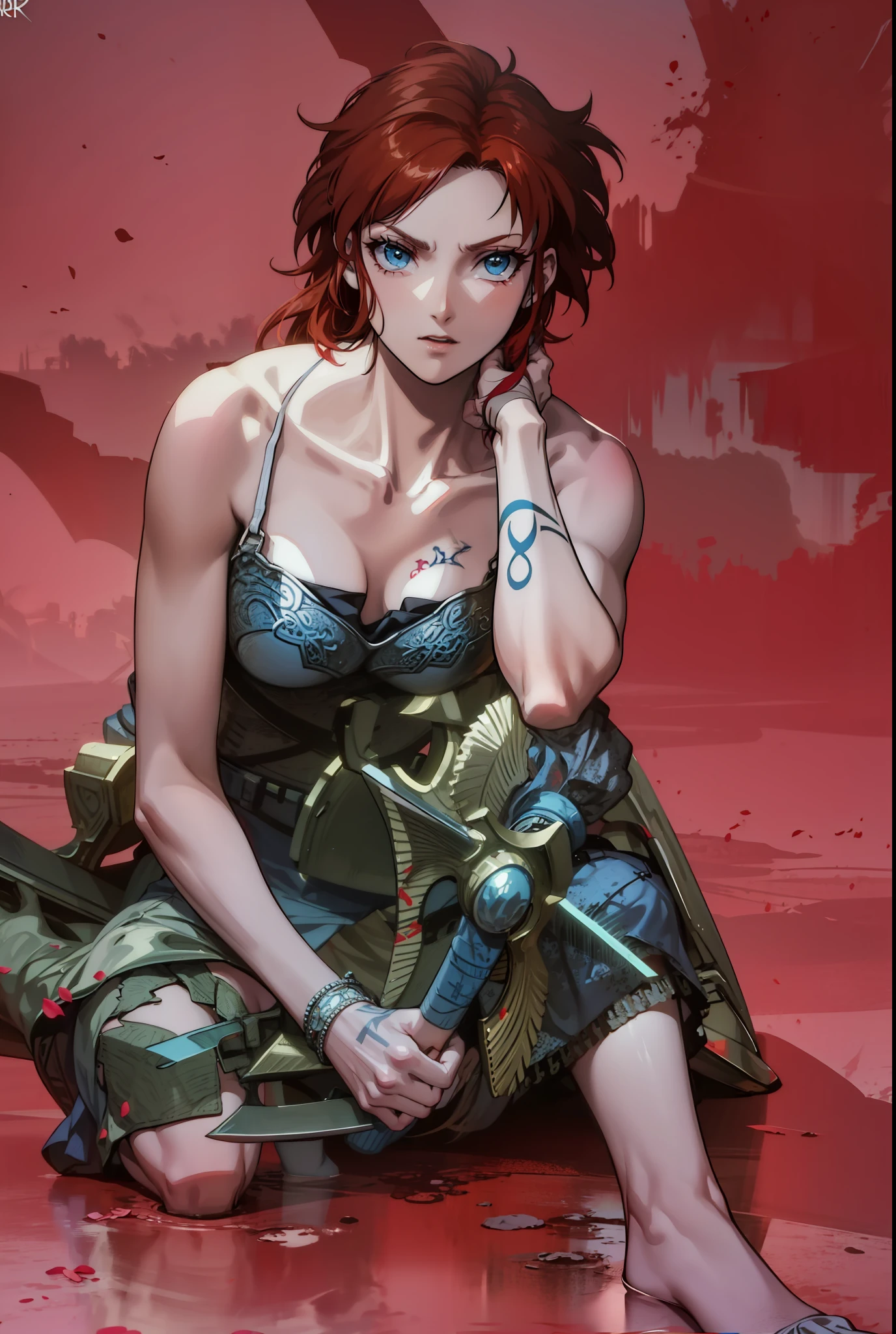 Boadicea, red-haired Viking warrior with Nordic armor and rune tattoos on her body and blooming blue eyes holding an axe, 4k