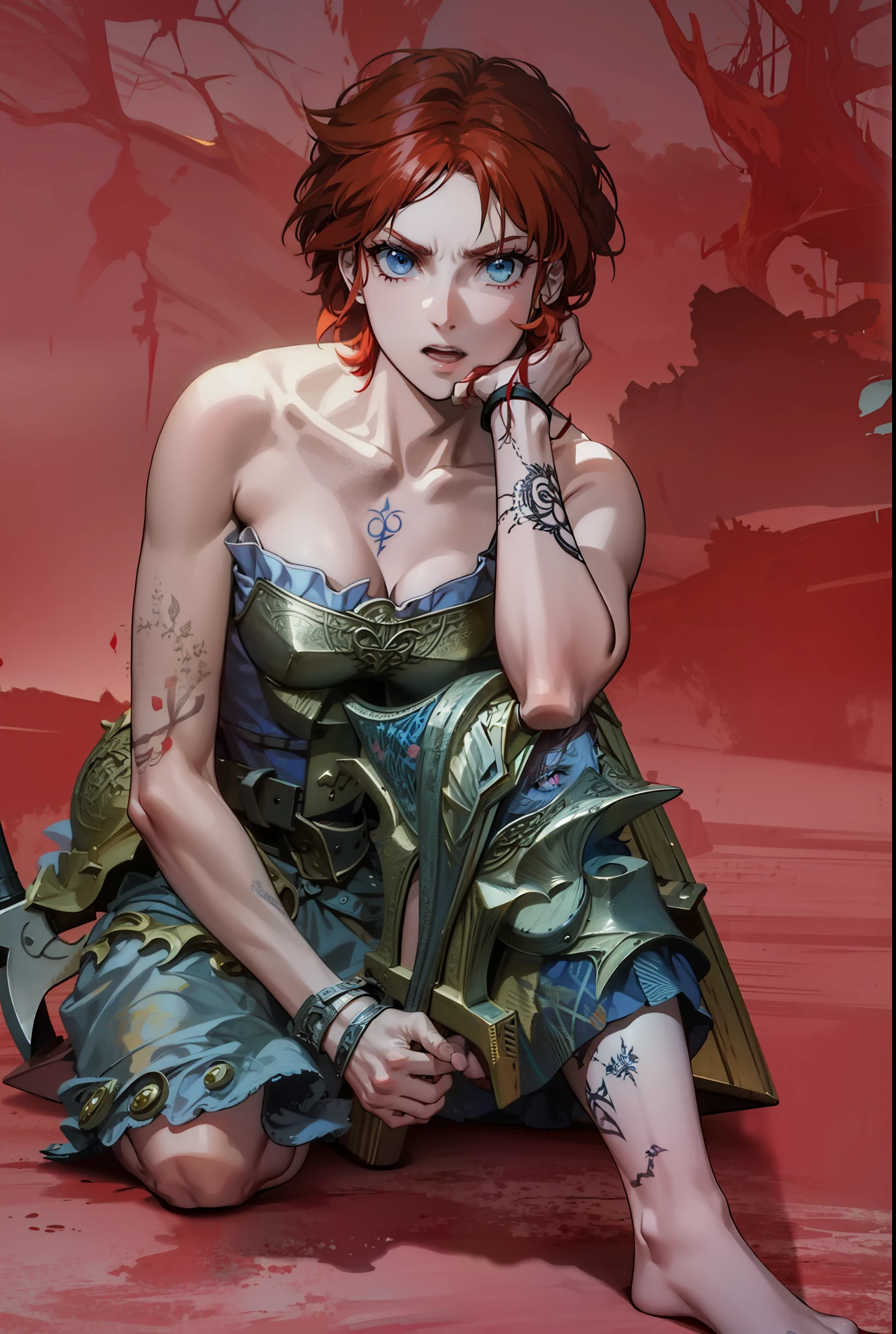 Boadicea, red-haired Viking warrior with Nordic armor and rune tattoos on her body and blooming blue eyes holding an axe, 4k