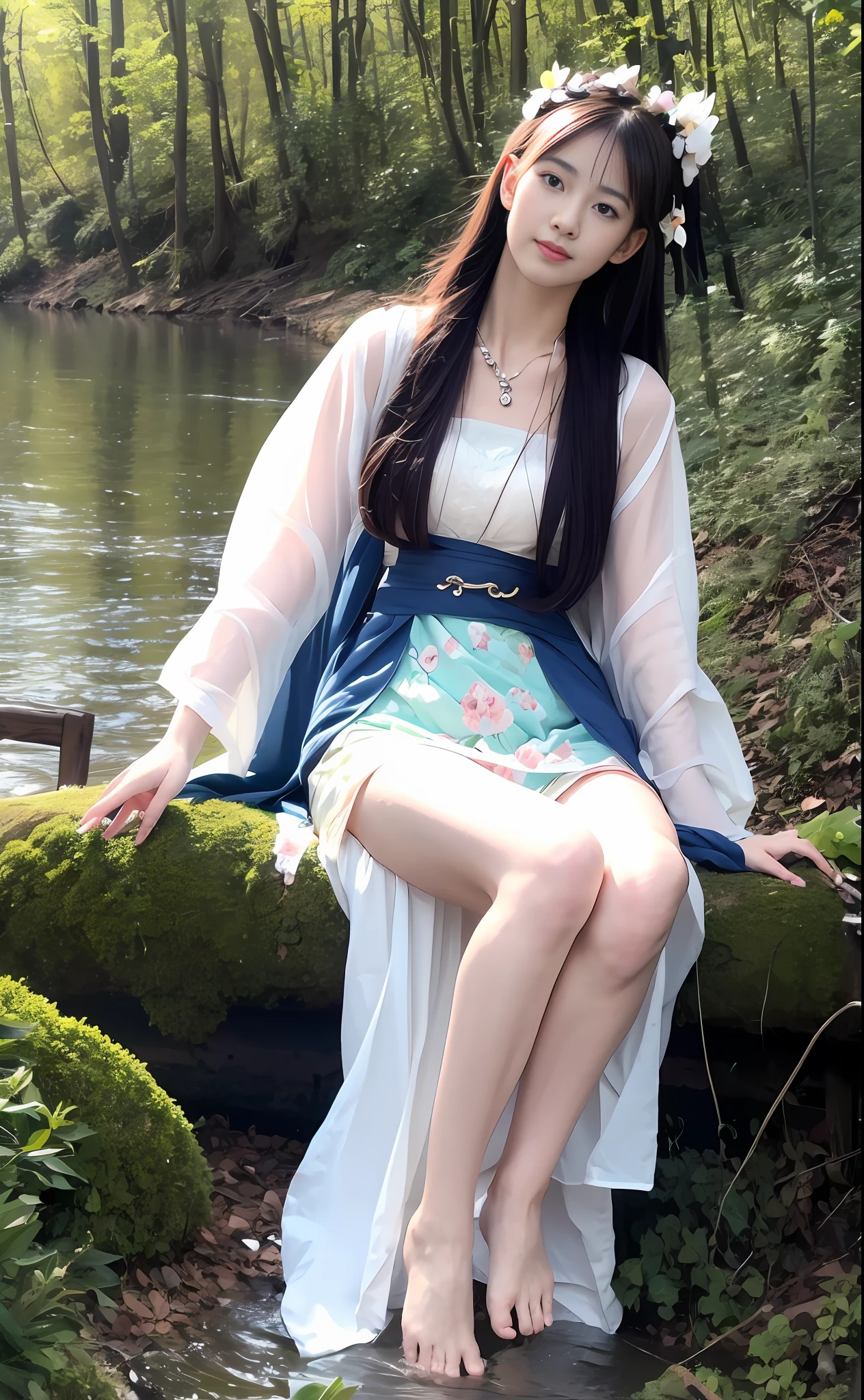 ((Masterpiece))), (Best Quality)), (Ultra Detailed), (Illustration), (Very Tasty and Beautiful), Dynamic, Floating, (Beautiful), (Light of Detail) 1 Girl, Pointy, Long Hair, Water, Solo, Elf, Seated, Half, White Hair, Chain, Green Eyes, Toeless Legs, Barefoot, Jewelry, Viewer, Feathers, Leaves, Nature, (Sunlight), River, (Forest), (Painting), (Sketch), (Blossom), (Portrait: 1.2), (Butterfly: 1.2), (Tindale effect), obscure, Hanfu