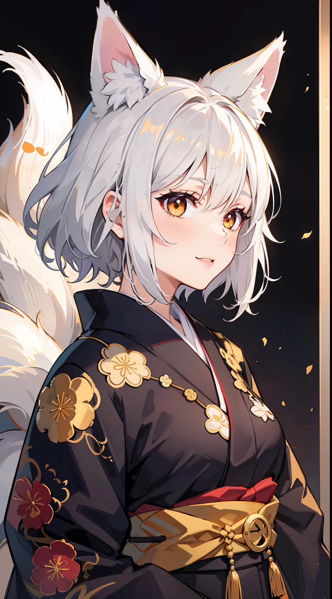 Adult woman, short white hair, Fox ears, Fox tails, golden eyes, black whites of the eyes, kimono, ssmile, Masterpiece, hiquality
