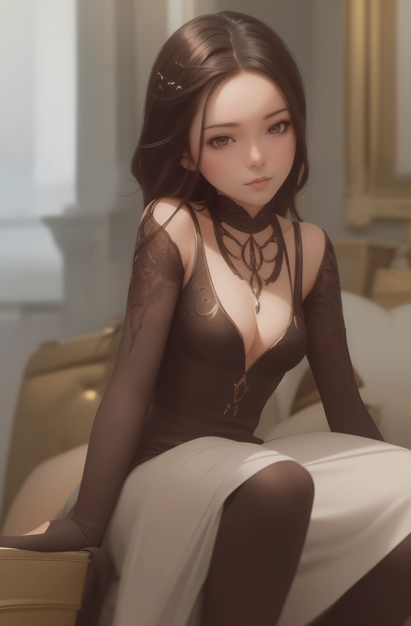 a close up of a woman in a brown dress sitting on a couch, seductive anime girl, artwork in the style of guweiz, extremely detailed artgerm, guweiz, guweiz on artstation pixiv, guweiz on pixiv artstation, wlop : : 5, [ 4 k digital art ]!!