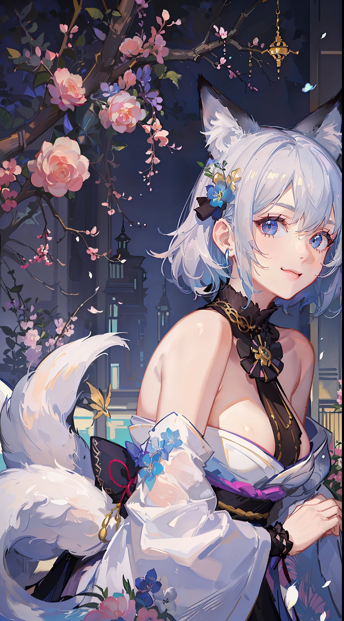 Adult woman, short white hair, Fox ears, Fox tails, golden eyes, black whites of the eyes, kimono, ssmile, Masterpiece, hiquality