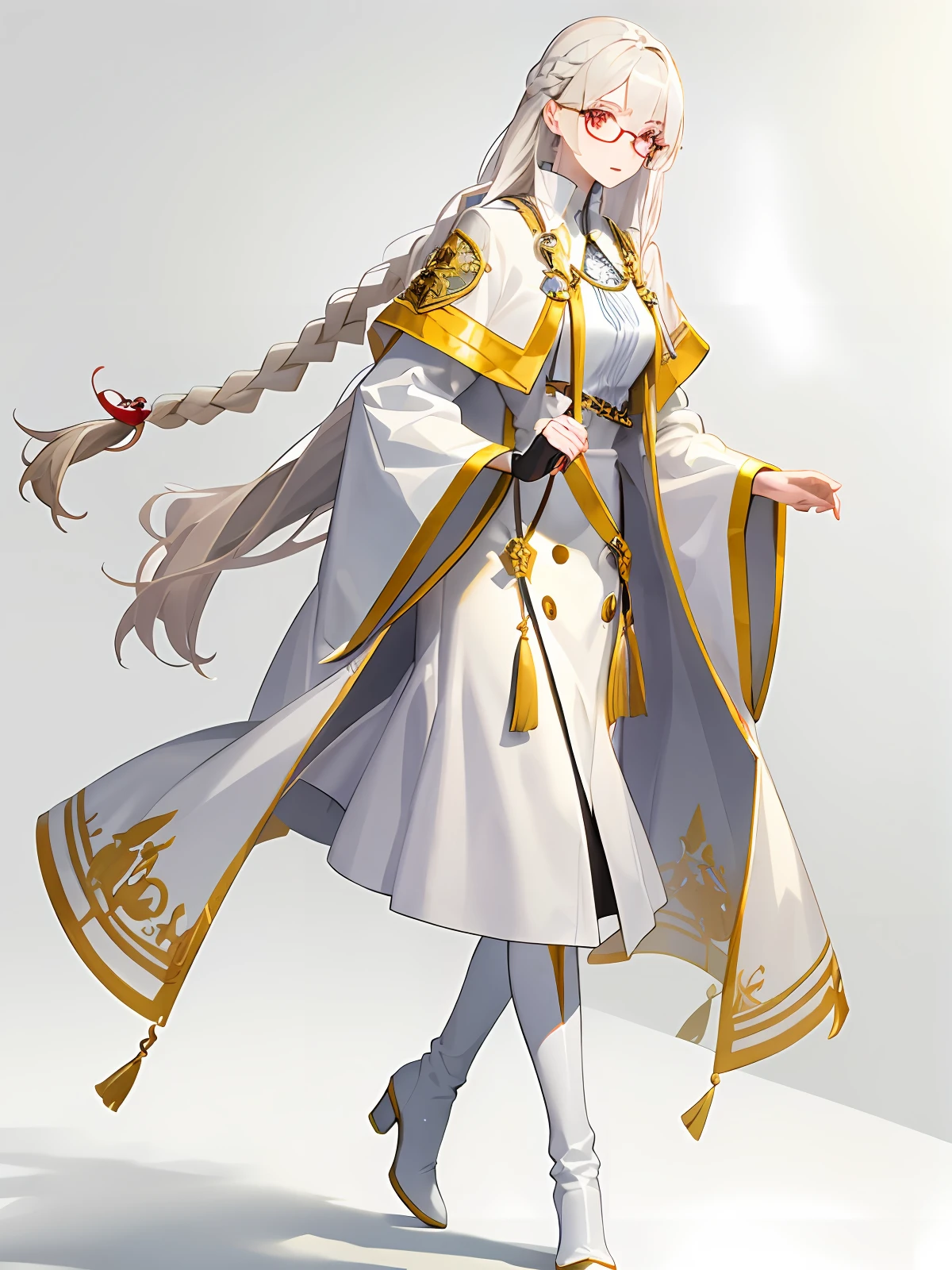 Manteau blanc,white skinned,Red eyes,long braid,whaite hair,Long boots,Large-rimmed glasses in gold,Need