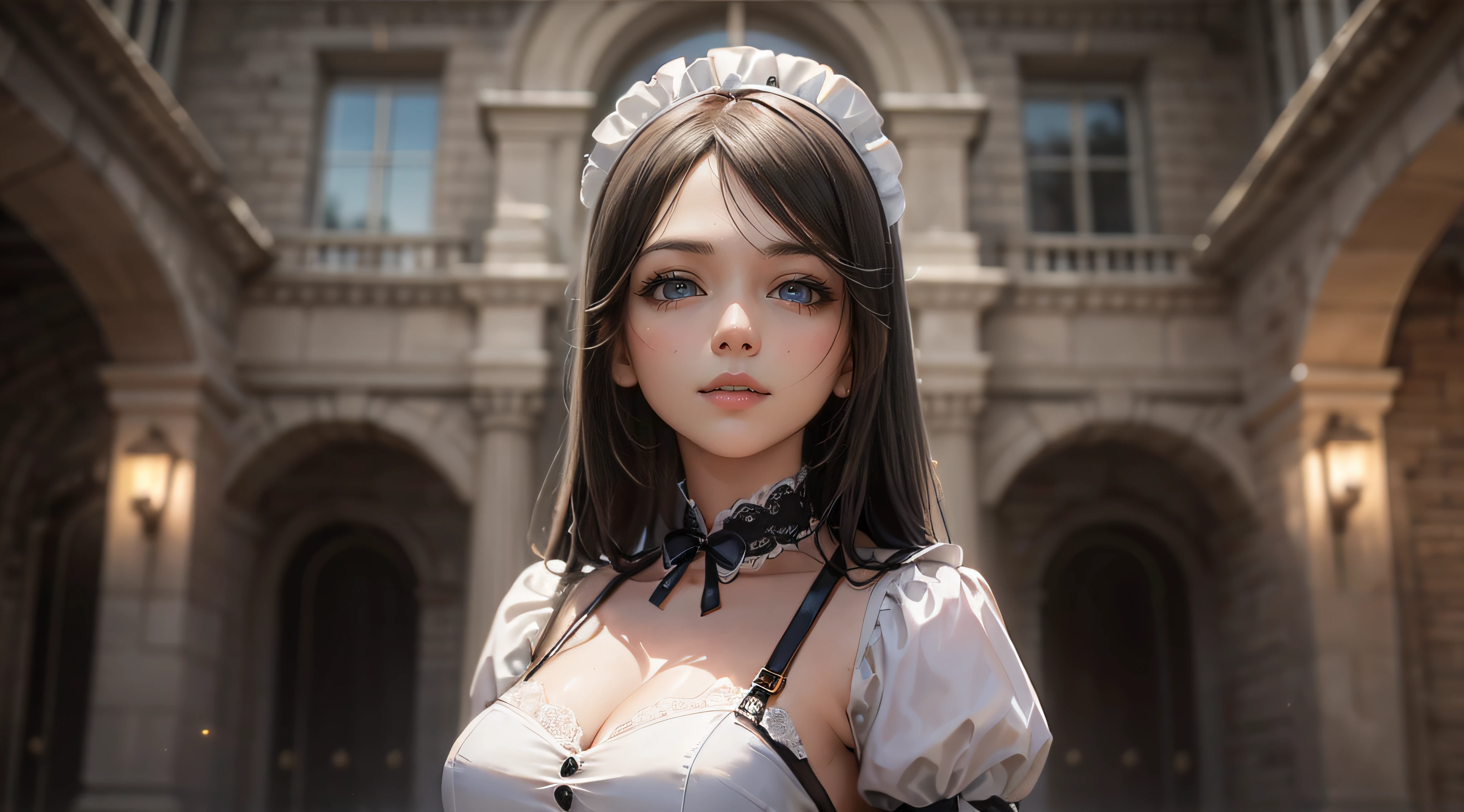 A stunning photograph of a girl in sexy maid outfit, beautiful eyes, detailed eyes, detailed face, standing in an old manor, captured in a naturalistic style by photographers Sam Yang and Ross Tran. The scene is highly-detailed, with intricate textures on the lady's clothing and sharp focus on the surrounding buildings. The lighting is bright and optimistic, with the sunlight creating a warm glow and a sense of hope and positivity,