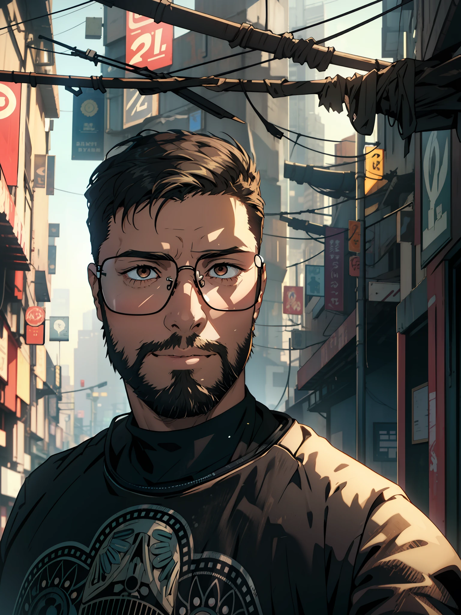 portrait of a handsome 35 year old male, mature man, short black hair, cyberpunk style haircut, wearing glasses, small beard, brown eyes, wearing a nice smart suit