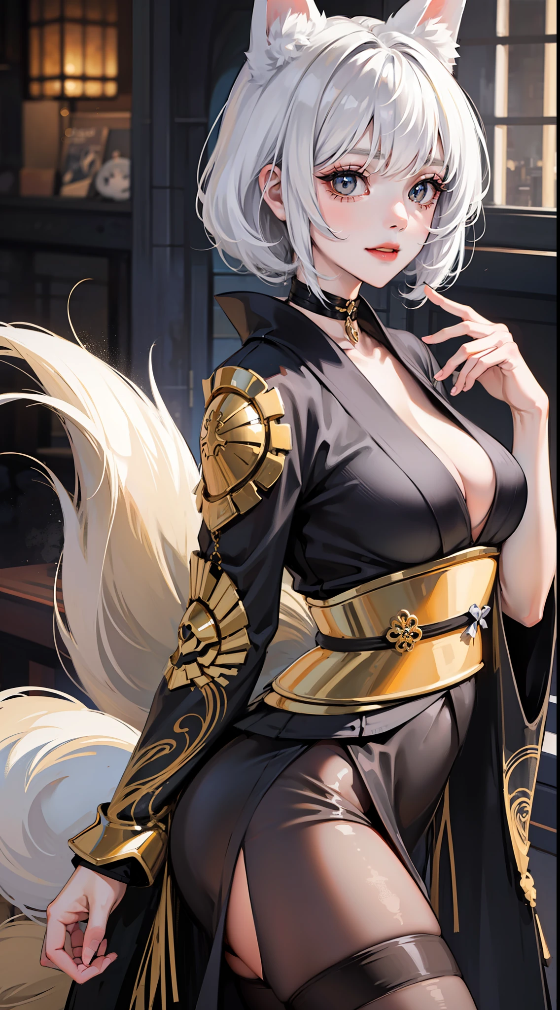 Adult woman, short white hair, Fox ears, Fox tails, golden eyes, black whites of the eyes, kimono, ssmile, Masterpiece, hiquality