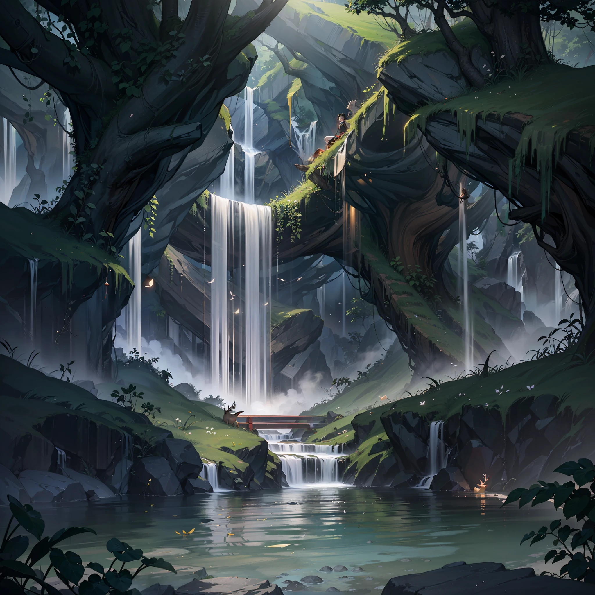 Chinese ancient times, spring, jungle, lake, cave, waterfall, tree, meadow, rock, deer, hot spring, water vapor, (illustration: 1.0), epic composition, realistic lighting, HD details, masterpiece, best quality, (very detailed CG unified 8k wallpaper) --auto