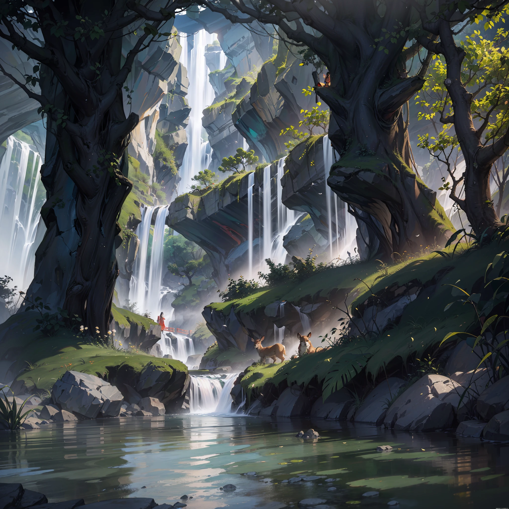 Chinese ancient times, spring, jungle, lake, cave, waterfall, tree, meadow, rock, deer, hot spring, water vapor, (illustration: 1.0), epic composition, realistic lighting, HD details, masterpiece, best quality, (very detailed CG unified 8k wallpaper) --auto