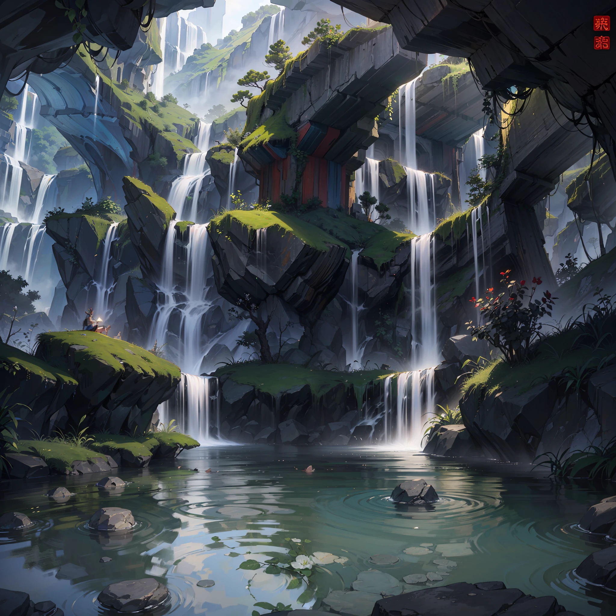 Chinese ancient times, spring, jungle, lake, cave, waterfall, tree, meadow, rock, deer, hot spring, water vapor, (illustration: 1.0), epic composition, realistic lighting, HD details, masterpiece, best quality, (very detailed CG unified 8k wallpaper) --auto