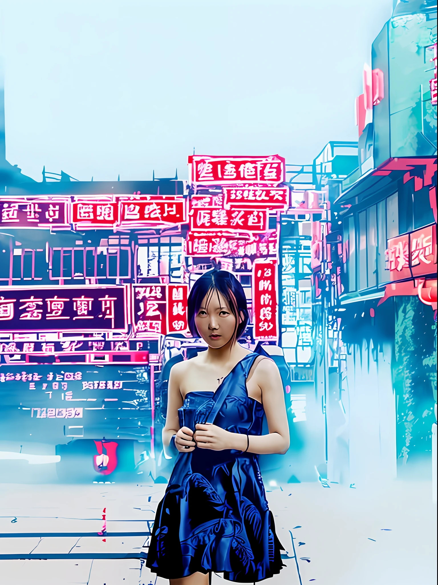 There is a woman standing in the middle of a city street, mingchen shen, wenfei ye, xue han, ruan jian, wu liu, jingna zhang, feng zhu |, in a blue qipao, zhuoxin ye, lu ji, in the cyberpunk city, wei wang, Cinematic. leng jun, sha xi, qiu fang