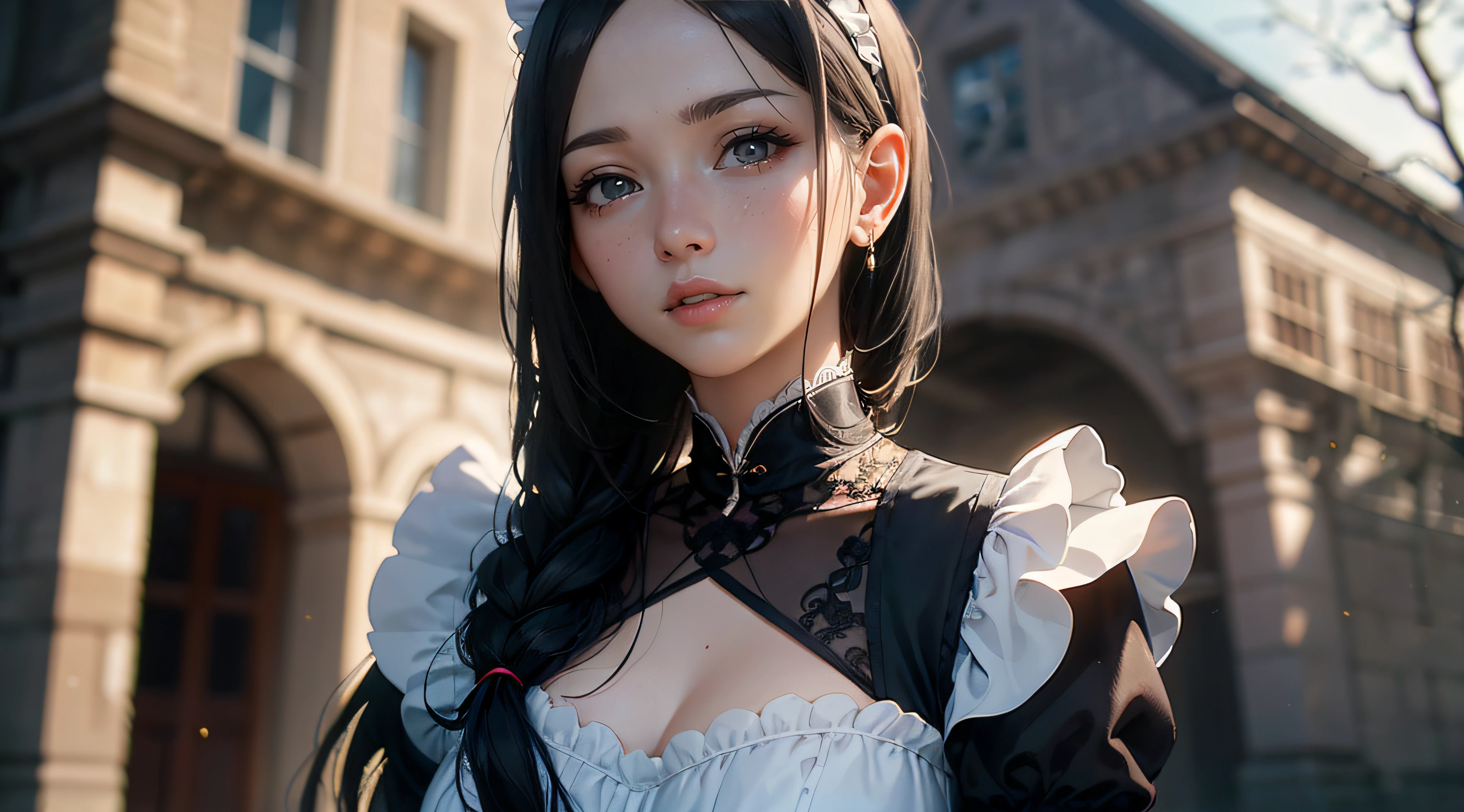 A stunning photograph of a girl in sexy maid outfit, beautiful eyes, detailed eyes, detailed face, standing in an old manor, captured in a naturalistic style by photographers Sam Yang and Ross Tran. The scene is highly-detailed, with intricate textures on the lady's clothing and sharp focus on the surrounding buildings. The lighting is bright and optimistic, with the sunlight creating a warm glow and a sense of hope and positivity,