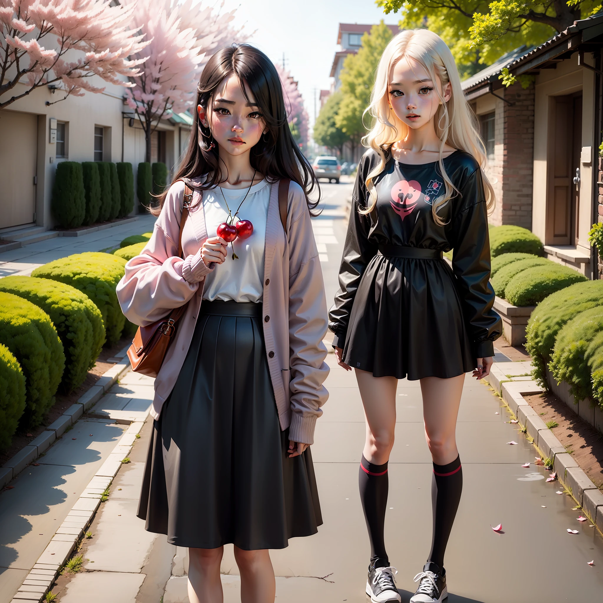 whaite hair，Red eyes，A half body，long whitr hair，teens girl，the cherry trees --auto