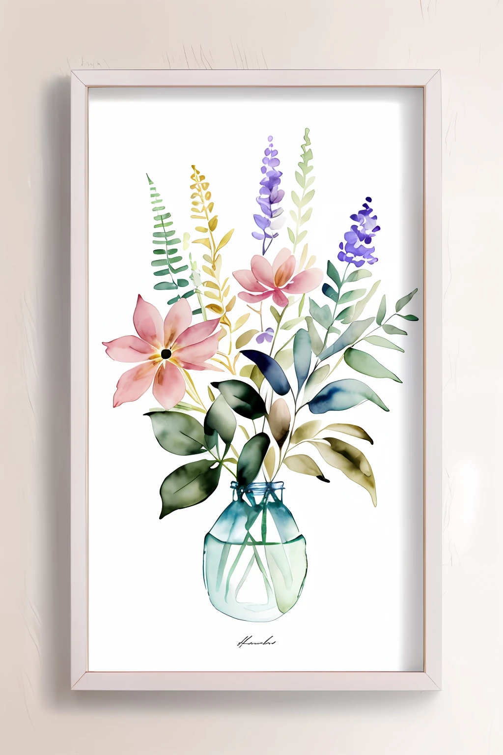 Wild Flowers Art Floral Farmhouse Art,Watercolor Botanical,pastel pink,pale-blue