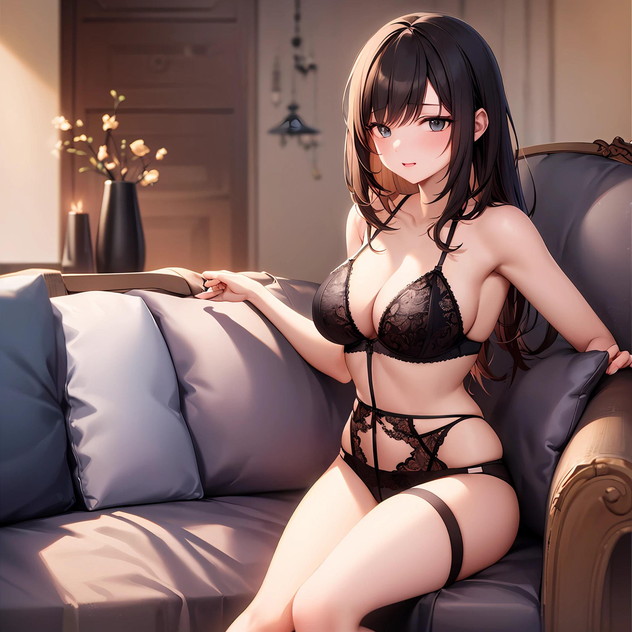 A woman sits on a sofa,Wearing only erotic lingerie, Doing erotic actions