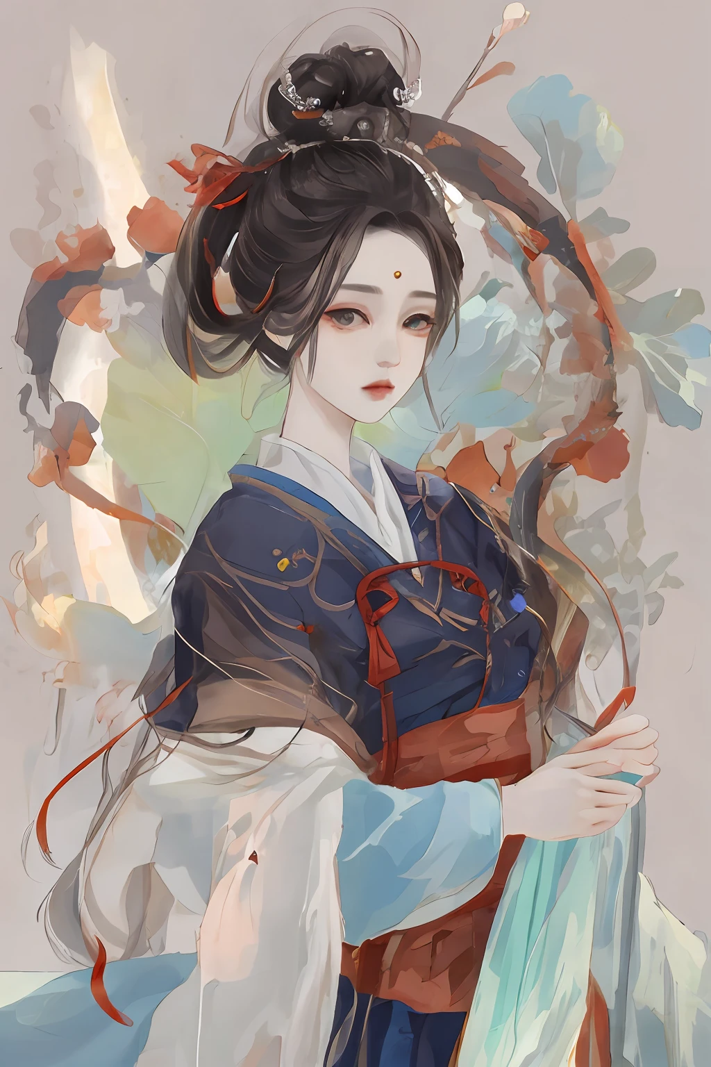 An ancient Chinese beauty sitting on a stone, wearing ancient Chinese clothing, flowing tulle, light silk, lazy posture, large lotus leaf, lotus, ink painting style, clean color, decisive cutting, blank, freehand, masterpiece, super detailed, epic composition, high quality, the highest quality, 4k --v 6