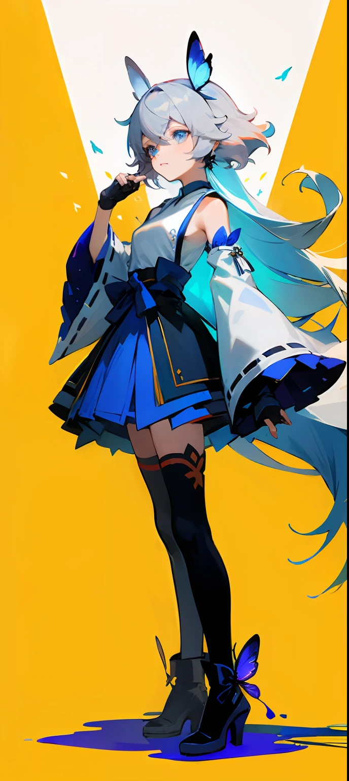 21charturnerv2,charturnbetalora,shinkai makoto,kimi no na wa.,(fantasy:1.4),(blue eyes:1.233),her eyes shine like dreamlike stars,(glowing eyes:1.233),(beautiful and detailed Eyes: 1.1), (silver hair: 1.14), (messy hair, very long hair, french braid, hair between the eyes, sideburns), (+(blue hair: 1.14)), (chiffon dress, Blue flower uniform)/=(military uniform: 1.24),(removable sleeves, wide sleeves),(fingerless gloves),choker,(miko thighhighs),high-heeled boots,(expressionless,shut up),(standing) ,dreamy,soul,(fluorescent),(flying translucent blue butterfly:1.15), [[delicate fingers and hands:0.55]::0.85],(finger details),white background,full body,blue theme,gold background