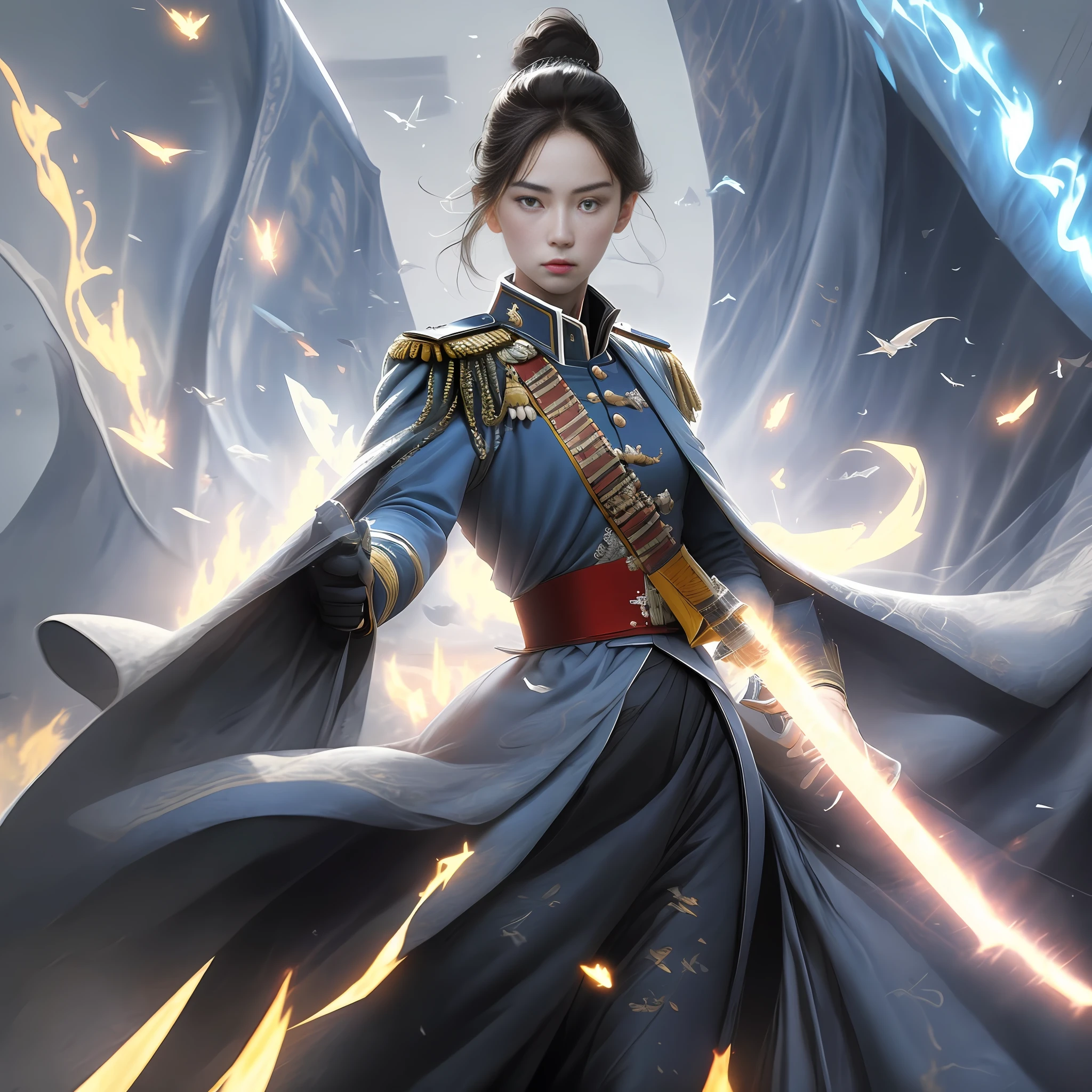 Commander female bipolar style of imperial uniform,The commander is young,Behind the commander, A large number of soldiers on the battlefield were charging one after another,They all wore imperial uniforms