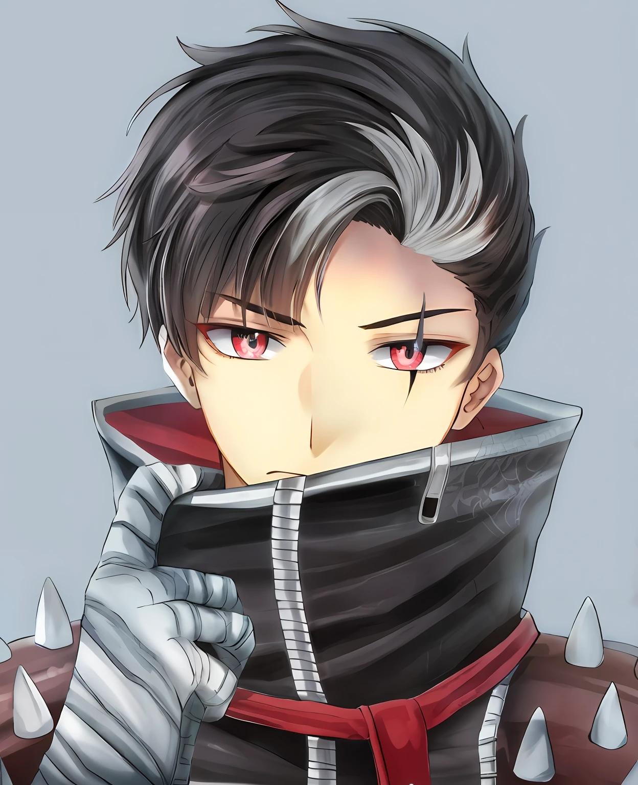 de anime com olhos vermelhos e cabelo preto vestindo uma roupa preta e vermelha, Gatilho Estilo de Arte de Anime, inspirado por Li Chevalier, sorriso roguish, Vetor Anime sombreado, ele tem cabelos grisalhos escuros, fanart de alta qualidade, fanart oficial, Demon Slayer rui fanart, arte de anime realista, :14 Estilo anime dos anos 80, Estilo de arte Berserk, ambiente noturno