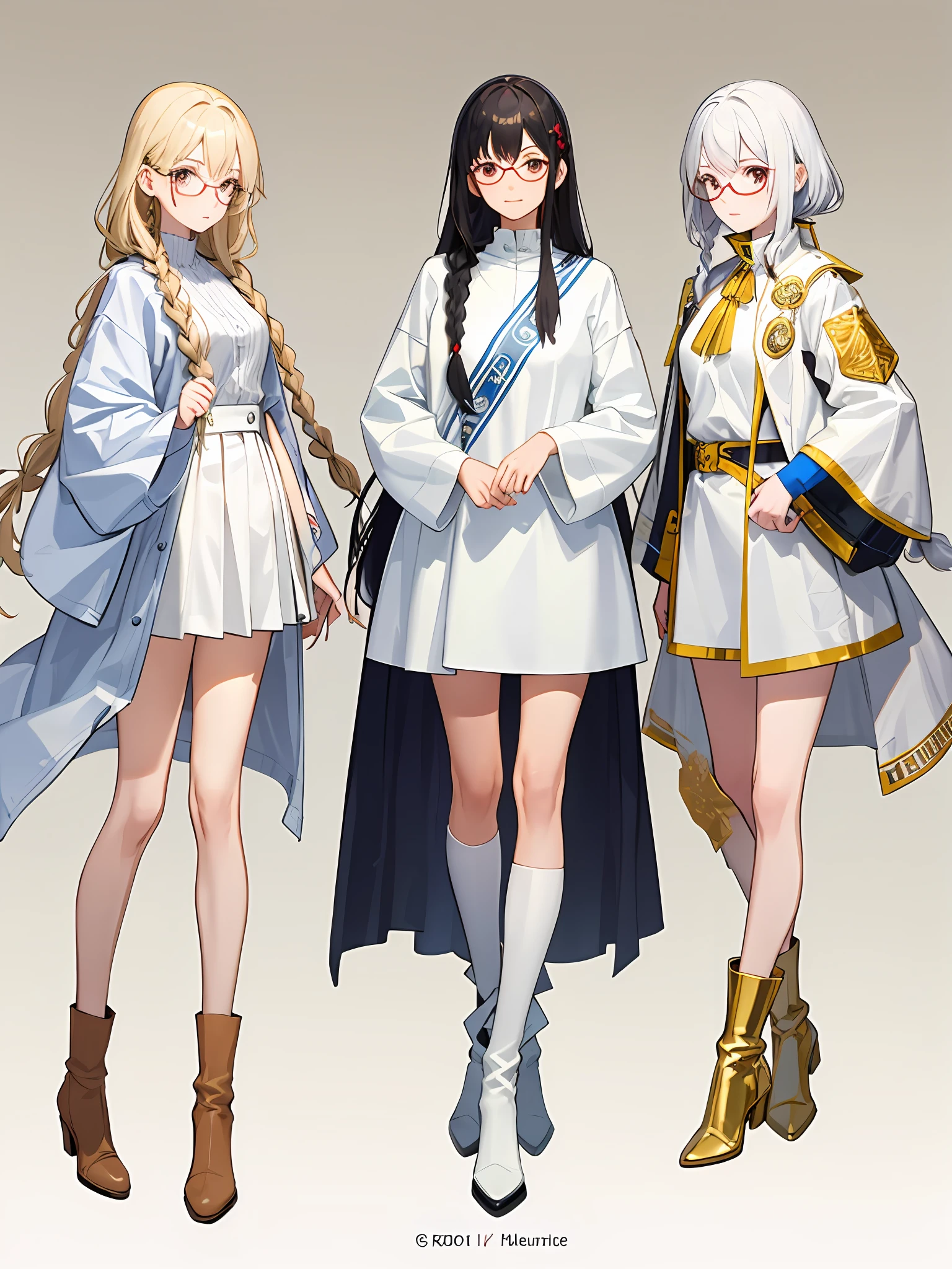 Manteau blanc,white skinned,Red eyes,long braid,whaite hair,Long boots,Large-rimmed glasses in gold,Need