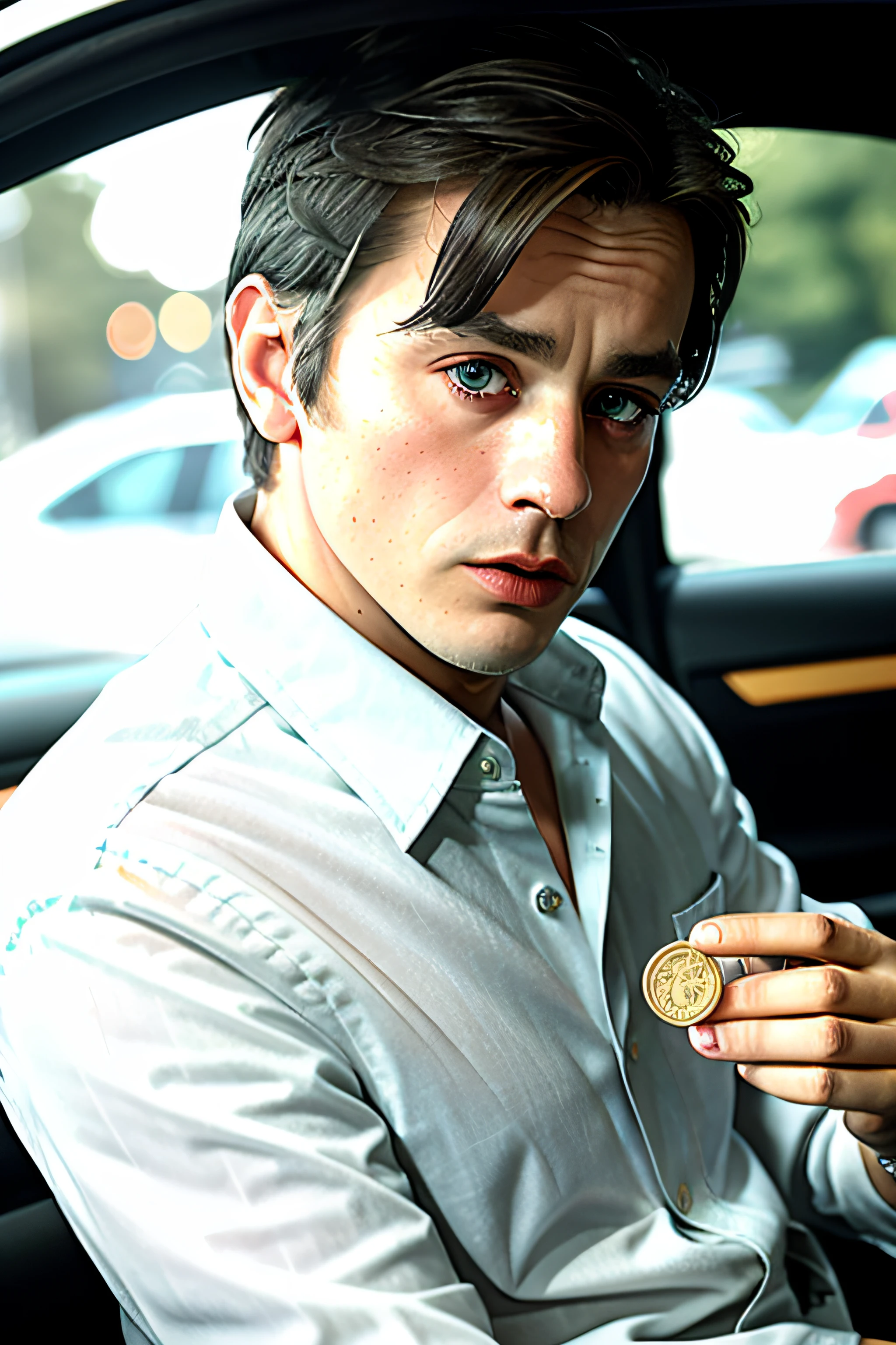 a Caucasian man driving at night, holding a bitcoin, inside a car, white button up, head:1.1, close up:1.1, bokeh, (candid, amateur), RAW, HD, 8K, cinematic lighting
