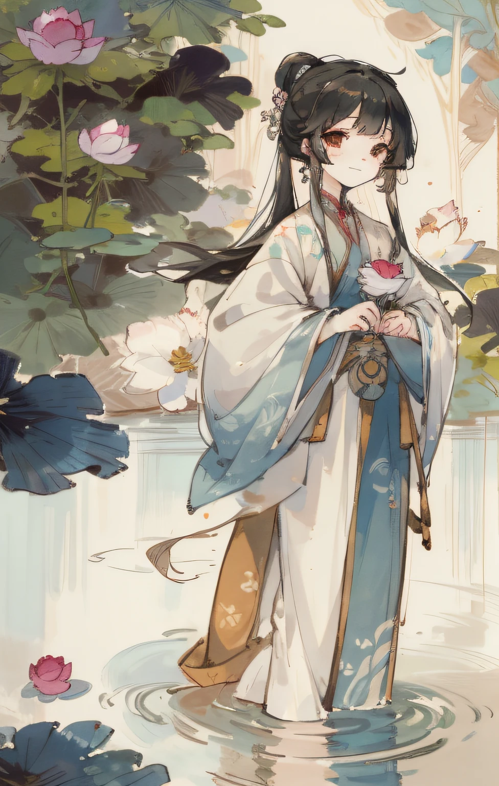 ((4k,masterpiece,best quality)), shuimobysim, Chinese painting, lotus, hanfu, maxiskit, dress conservatively 1girl, solo, long hair, smile, standing, feet in water, barefoot,