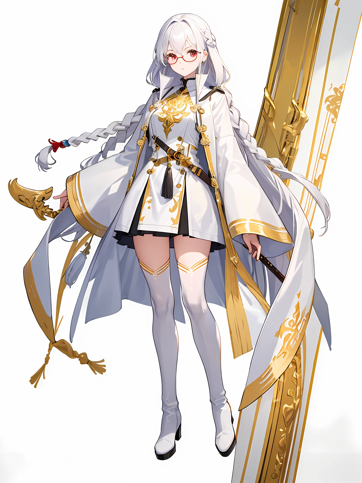 Manteau blanc,white skinned,Red eyes,long braid,whaite hair,Long boots,Large-rimmed glasses in gold,Need