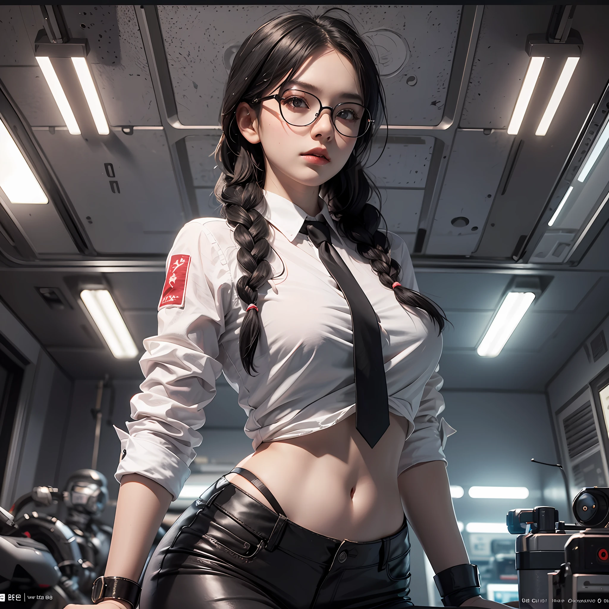 1girll,Black color hair,Twist braids,Qi bangs,red pupils,Round glasses,beauitful face,crisp breasts,Convex buttocks,in a white shirt,red necktie,Black suit,White heels,There are floating missile-launching weapons on the sides of the body,sci-fy,cyber punk perssonage,perfectly proportioned, Cinematic lighting, filmgrain, Fuji colors, lightand shade contrast, 8K, 巨作, Textured skin, Super detail, high detal, High quality, A high resolution,