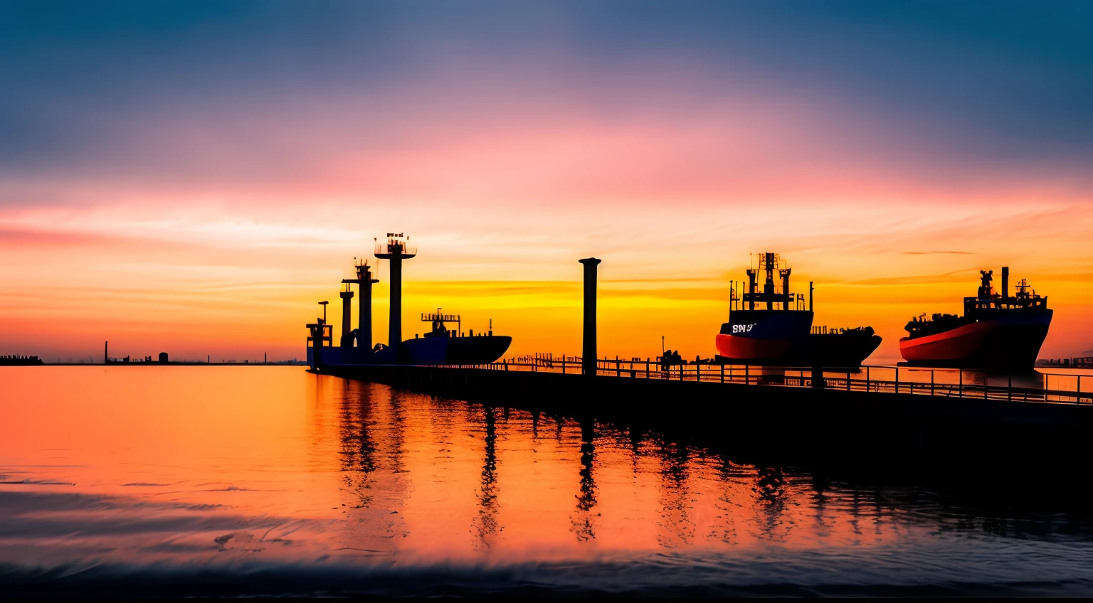Sunset water near the pier, shipping docks, port scene background, As night fell, high quality image”, vibrant scene, in a sci-fi shipping port, harbour, serene evening atmosphere, vibrant setting, Beautiful photo, the sunset, the sunset, portrait shooting, dawn setting, photo shot, day setting, Beautiful scene