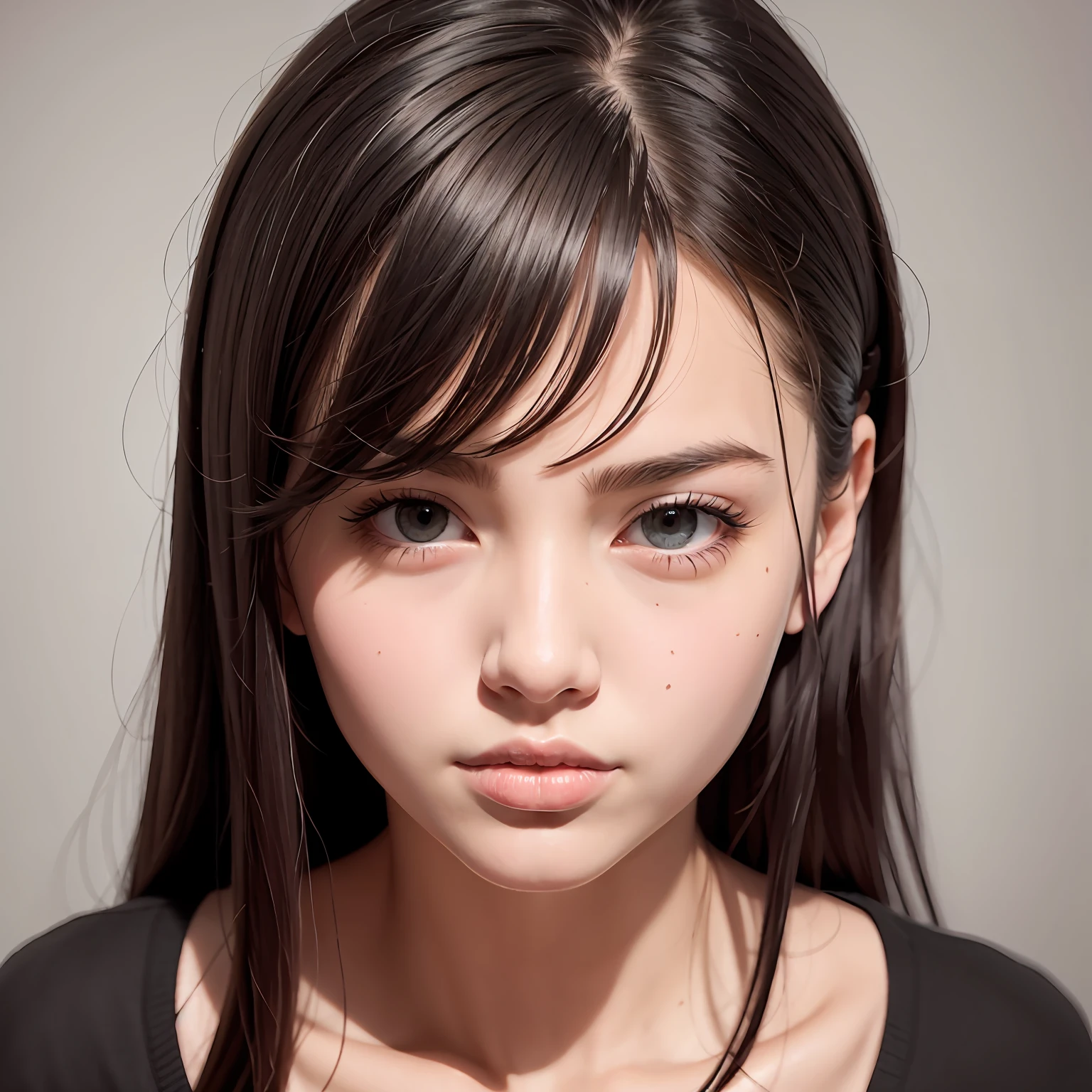 brunette color hair、Black straight hair、femele、petty eyes、Round Chin(8k,best qualtiy,tmasterpiece:1.2),(realisticlying,photo-realistic:1.37),hyper-detailing,beuaty girl,The upper part of the body,Face the front,looking at viewert,Wears a black crewneck pullover,