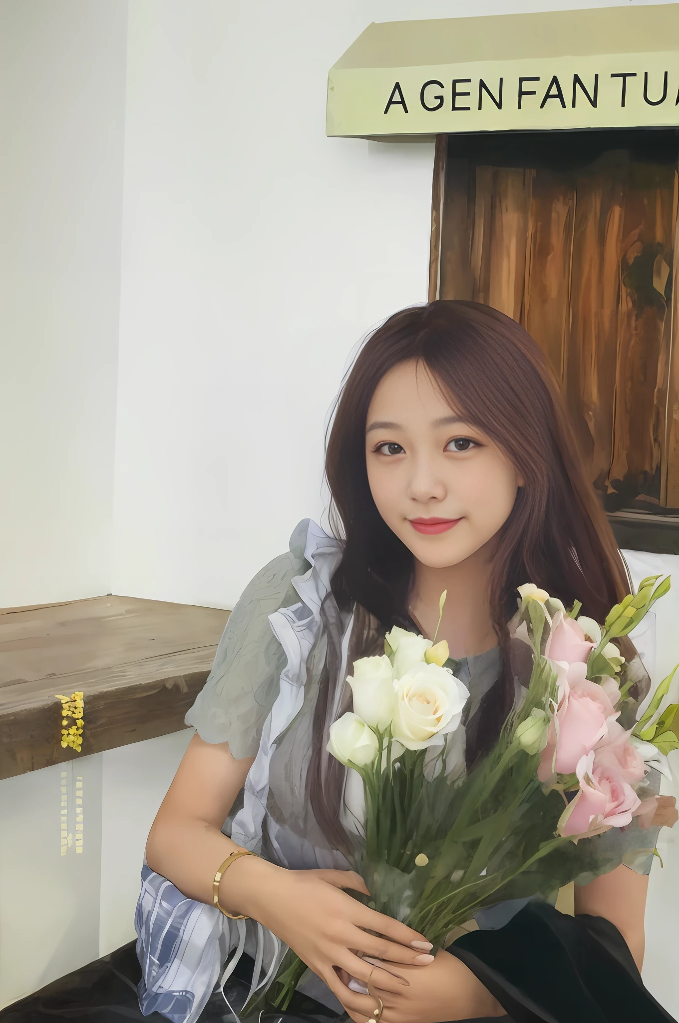 there is a woman that is sitting down on a bench,Holding a Bouquet of Flowers in Her Hand, With flowers, Photorealsitic, Oil painting, realism art style, color portrait, realism art, Photorealistic, Art style,White-colored skin,Smiling,Three-dimensional nose