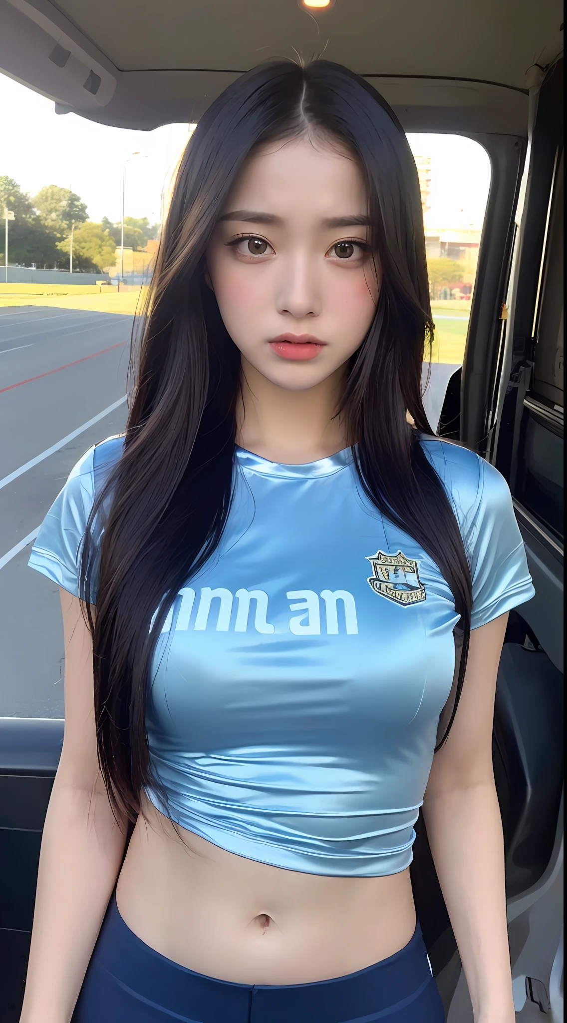 One woman and one short boy, a woman in a shiny truck costume is grabbed by the boy next to her with both hands (beautiful college girl in truck costume, best quality, high definition, 8k, 1 girl, outside the athletics field, 1 girl, shiny track costume (satin track costume: 1.5, light blue: 1.5) (black hair, big: 1.4), (upper body: 1.2), looking at the viewer, Troubled face), outdoors, boy grabbing the breasts of a woman in truck costume with both hands (T-shirt, shorts, grabbing a woman's breasts with both hands)