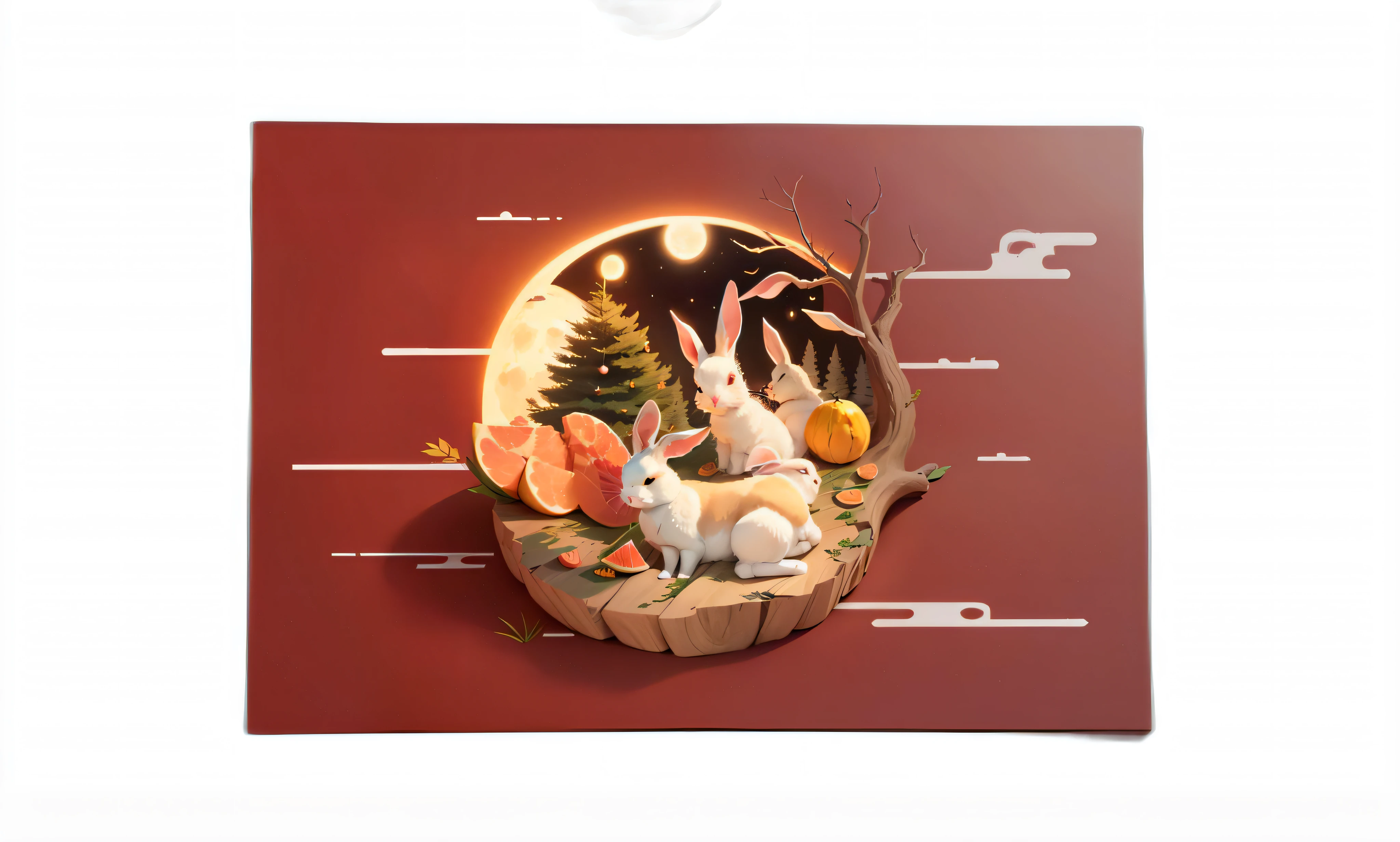 There were two rabbits sitting on tree stumps,The background is the full moon, 3 d illutration, a forest with bunnies, 2D illustration, high detail illustration, Higher detailed illustration, 3d matte illustration, Digital illustration poster, 3 d + Digital art, A beautiful artwork illustration