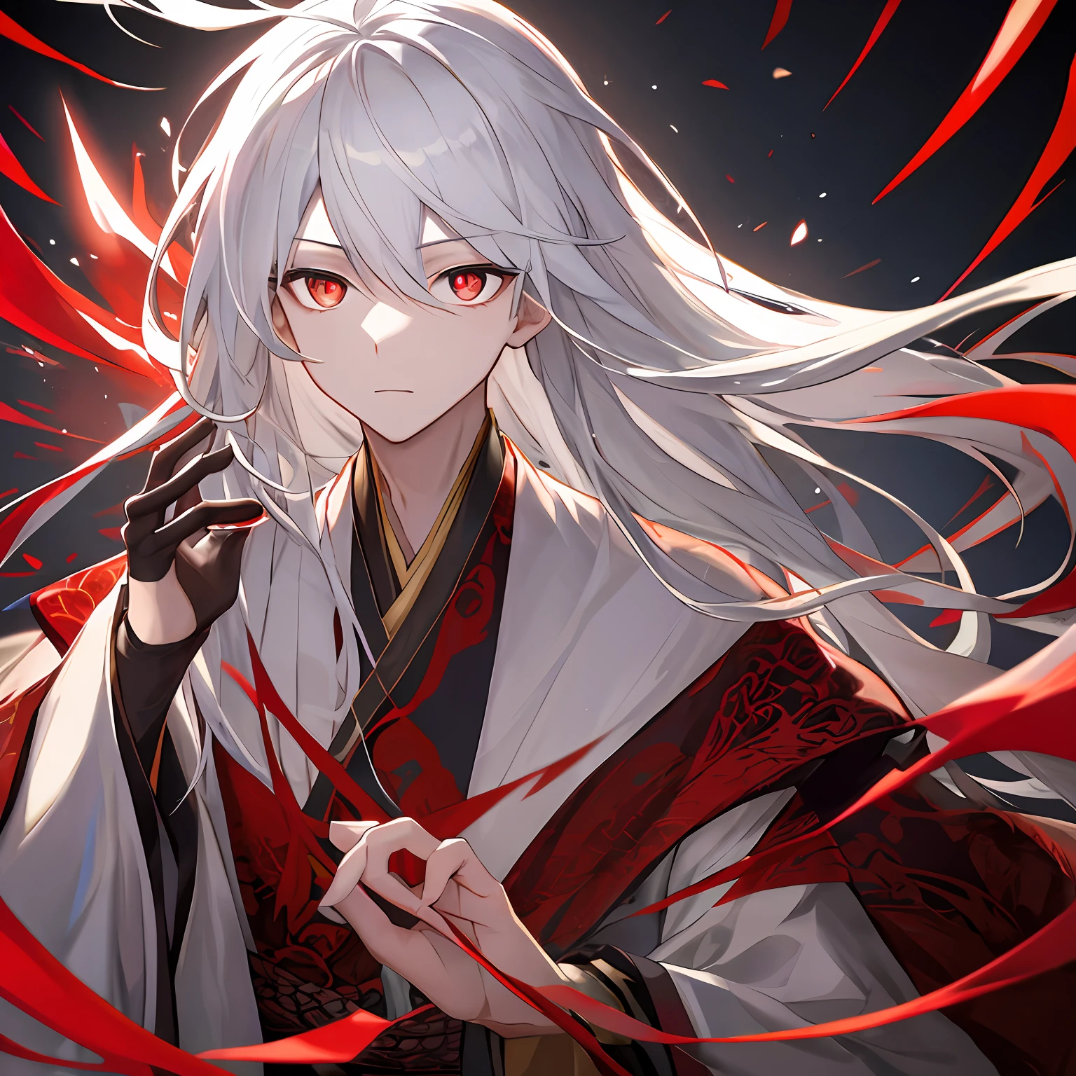 Mature boy ,white color hair,Floating hair,Elaborate Eyes,red pupils,Black and red antique damask Hanfu,fov,f1.8,tmasterpiece,Complexscenes,Gorgeous portrait shots