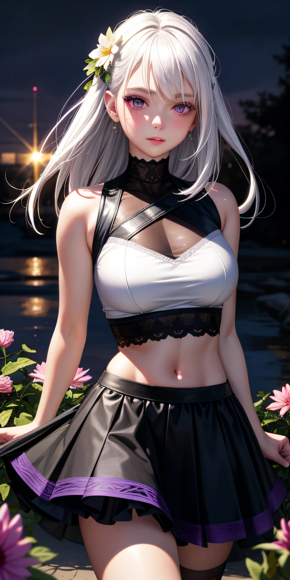 realistic, 1girl, white hair, purple eyes, glowing eyes, crop top, skirt, parted lips, blush, night, flowers, sun, sunlight,