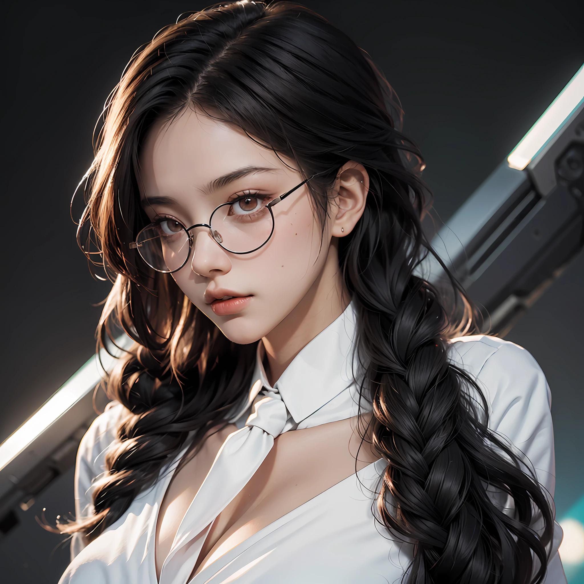 1girll，Black color hair，Twist braids，Qi bangs，red pupils，Round glasses，beauitful face，crisp breasts，Convex buttocks，in a white shirt，red necktie，Black suit，White heels，There are floating missile-launching weapons on the sides of the body，sci-fy，cyber punk perssonage，perfectly proportioned, Cinematic lighting, filmgrain, Fuji colors, lightand shade contrast, 8K, 巨作, Textured skin, Super detail, high detal, High quality, A high resolution,