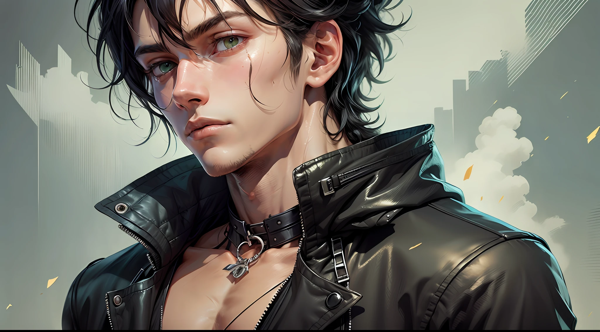 Anime, boy, a young man, He has messy black hair and a prominent white streak that runs through his hair, on his neck he has a mark with two streaks. His body is slim and muscular, his eyes are intensely green, He wears a black cold jacket, combined with a white shirt. --auto --s2