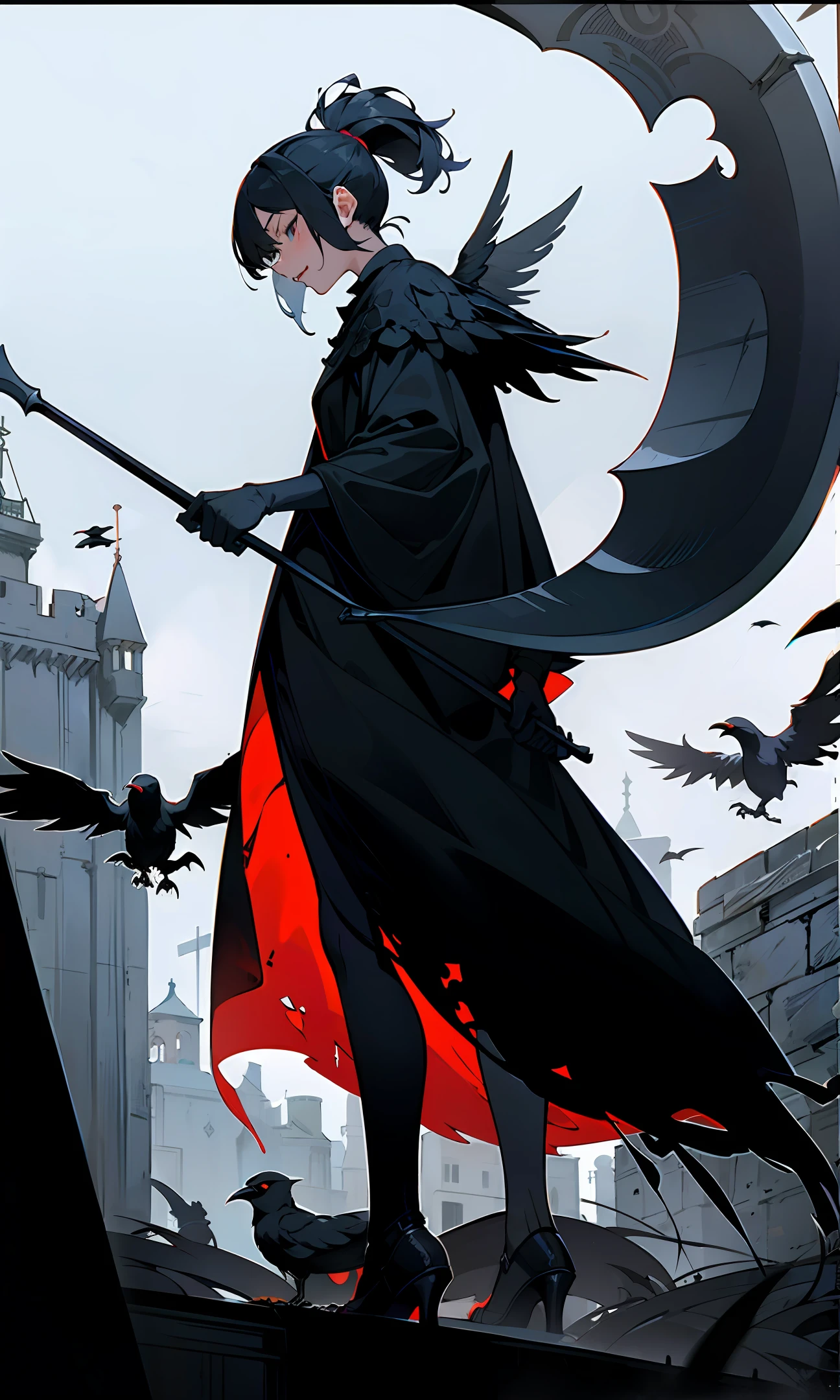deathia,cawing ravens,old castle,A girl with a scythe on her back,Dimly lit sky,Oppressive environment,Corpses around