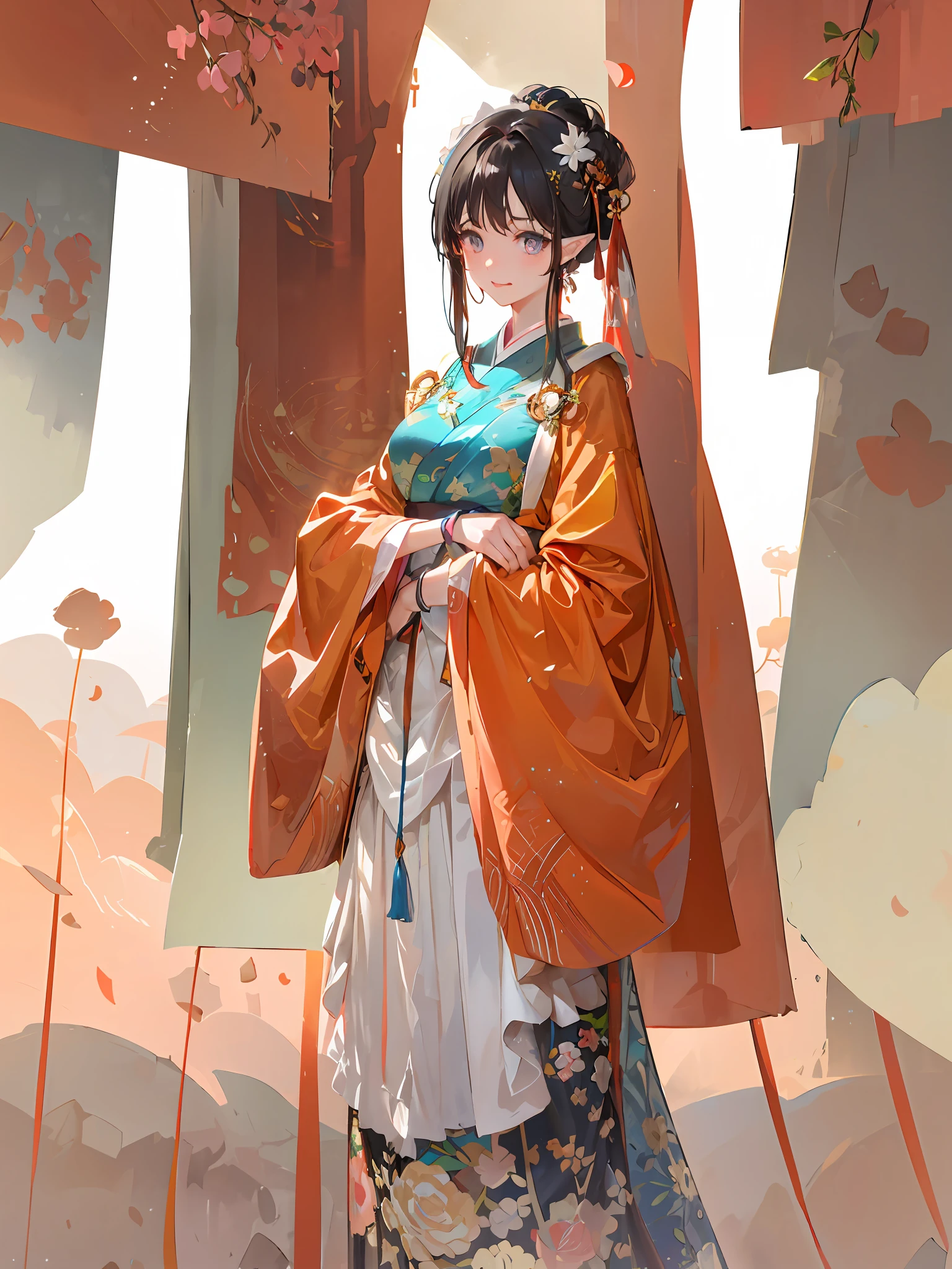 tmasterpiece，Need，extremely detaile，detailed back ground，详细的脸，anime big breast，illustration，1girl，（whaite hair，hair-bun，extra very long hair，wavey hair，messy  hair：1.3），greene eyes，Pointy ears，parted lip，ssmile,Blushlush,llight rays,rays of sunshine,Glow,shiny,Long shirt,bound waist,shawl,Bust poem,Upper body,Tang suit,jumpping,children's,bit girl,Hanfu,Tang Feng，（zoomout：1.1），（meteor shower：1.2），（comets：1.1），Your name，low angles，From behind，aurora borealis，meteors，bathrobe，red kimono，SakuraNS，standing in a field，Best quality at best，tmasterpiece，​​clouds，Colorful，Starry，As estrelas，