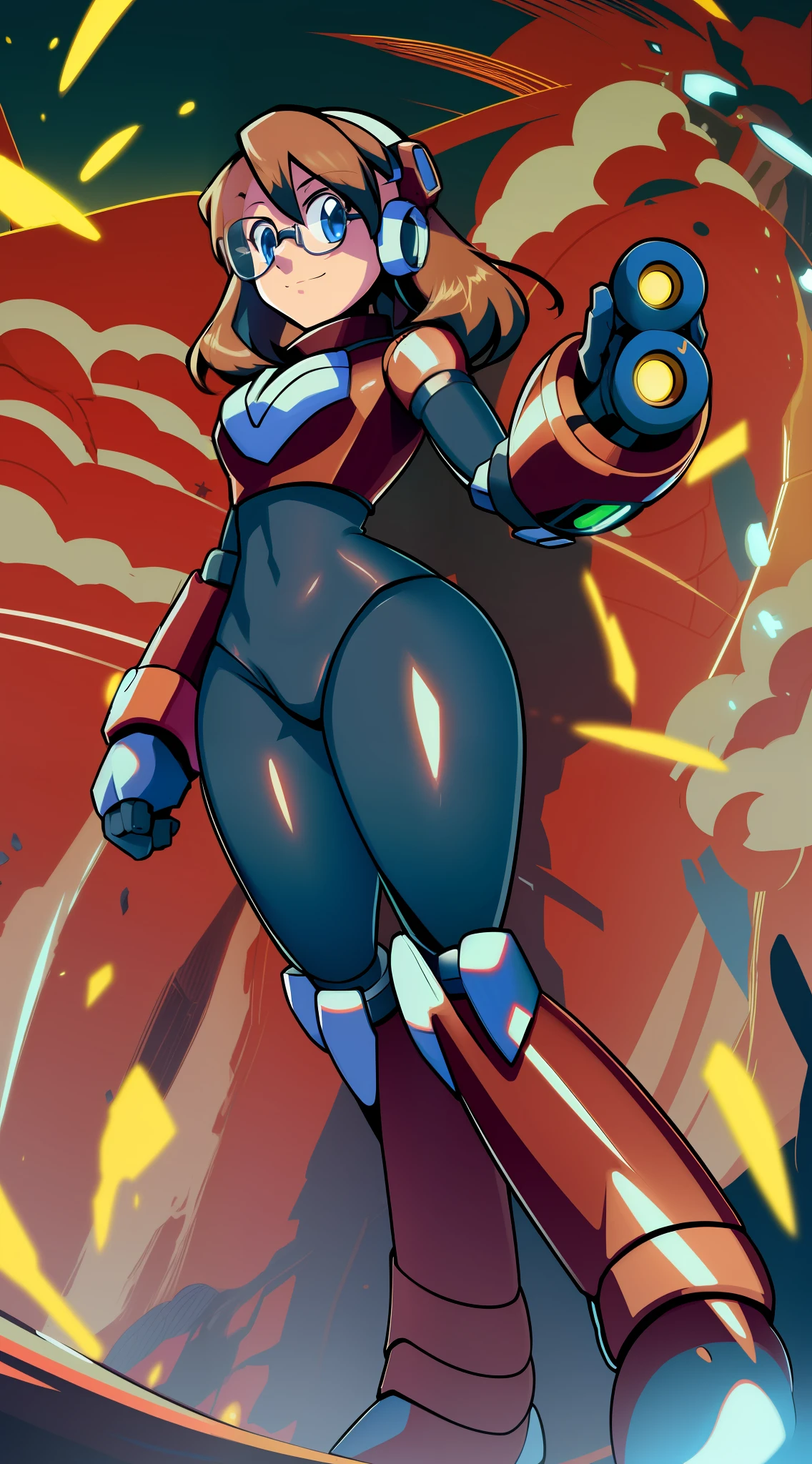 1Girl, Heavily armored, cybernetic heavy armor glasses, arm gloves, knee-height skirt, heavy cybernetic boots, heavy cybernetic arms, heavy cybernetic torso, waist belt, eyes underneath glasses, megamanX heavy armor, bulky megamanX armor, reploid armor, Pokemon_May Face, Brown Hair, Armored cone dress, Extremely Heavy body armor, Left arm with arm-mounted cannon, looking at viewer