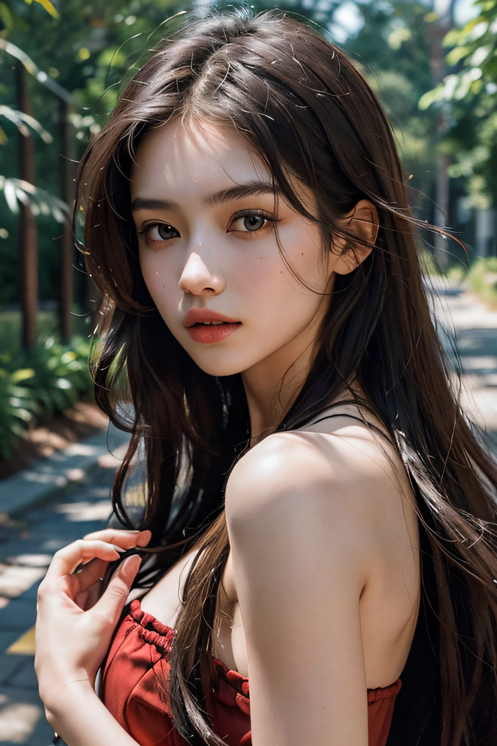 20 years old woman, long  hair, Calm tone, subdued colors, (Natural skin texture, hyperrealism, Soft light, edgy), Profile, students, Rear view