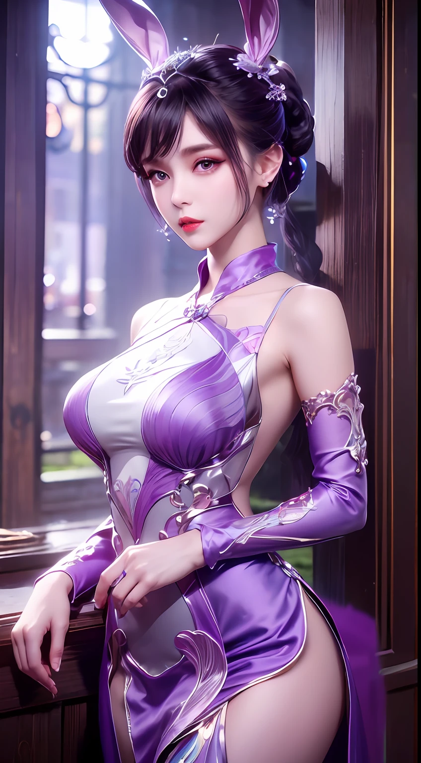 1 very beautiful girl in hanfu dress, thin purple silk shirt with many white motifs, white lace top, long bangs and long ponytail in purple platinum, gorgeous hair jewelry, pretty face and cute, flawless face, earring jewelry, light purple bunny ears, neck jewelry, big purple eyes drawn meticulously, meticulous makeup, thin eyebrows, high nose, red lips pretty, no smile, pursed lips, rosy cheeks, wide breasts, big breasts, well-proportioned bust, slim waist, purple mesh socks, Chinese hanfu style, fictional art patterns, vivid colors and legs real , RAW photo, realistic photo, ultra high quality 8k surreal photo, (fantasy light effect: 1.8), 10x pixels, magic effect (background): 1.8), super detailed eyes , beautiful girl upper body portrait, girl alone, ancient hanfu background, looking directly at the audience, wide original photo, 8k quality, super sharp, most detailed and clear picture, detailed light background,