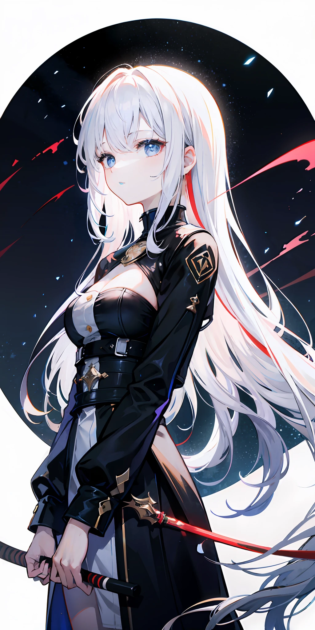 The upper part of the body，1girll，long  white hair，dishiveredhair，Blue eyes，white straitjacket，black long sword，middlebreast，Wallpapers，night sky background，light particules，Black smoke，