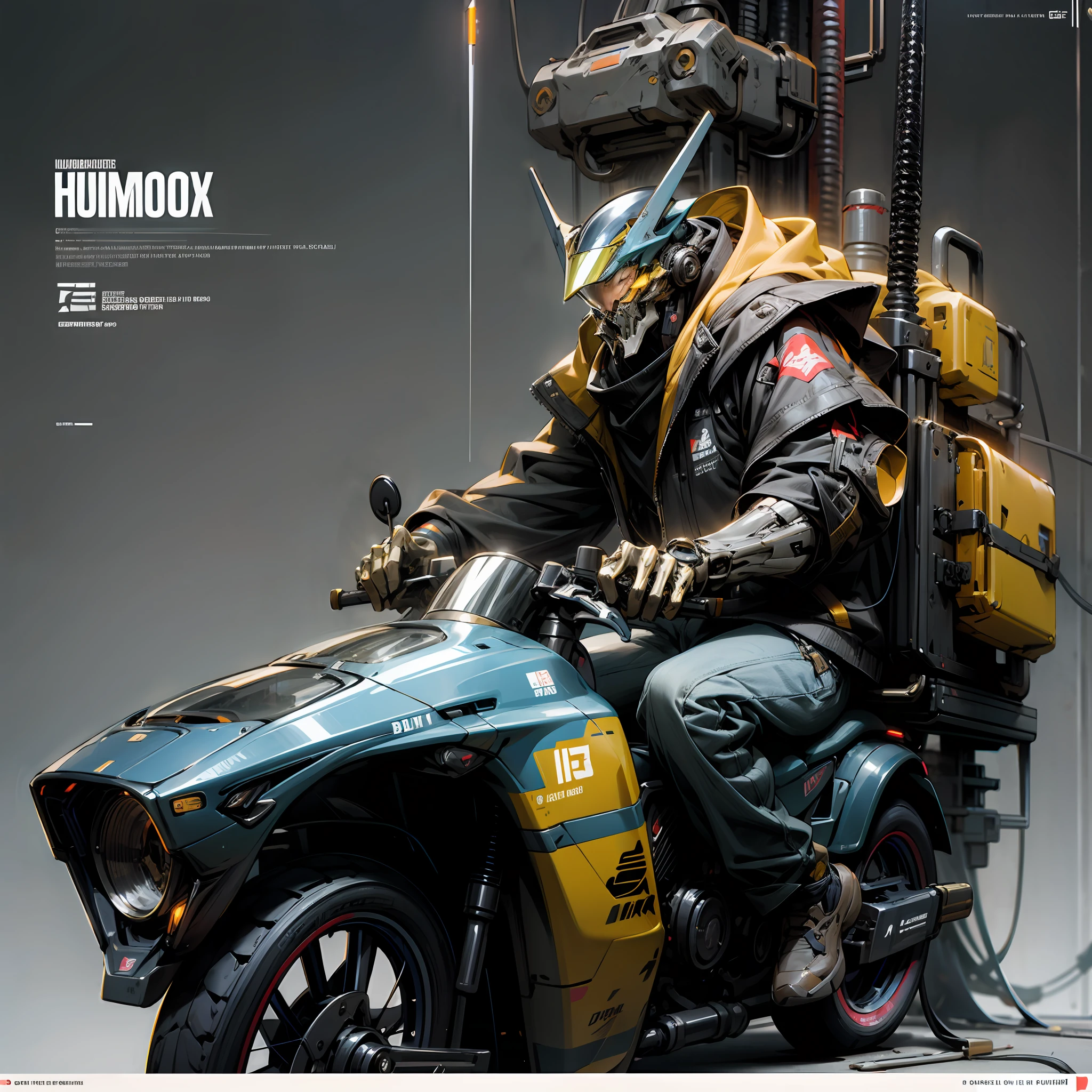Poster in cyberpunk style，The background is neon rendered black，Man in yellow goggles，He wears a black-gray high-tech thickened mechanized cuirass，He holds a blue laser gun in his hand，He rides in a red Humvee buggy，Complex machinery，optimization，American manga style，Be detailed，Highlight the characters --auto