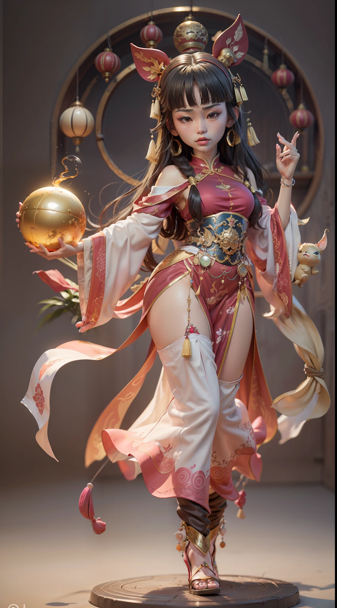 Q version of cute beautiful girl，Dumb cute，（（2 head body）），Dance，（Big eyes），Small mouth，（（（cabelos preto e longos））），A ball head，looking at me，（Chinese-style clothing，Meticulous portrayal），Palm dancer Zhao Feiyan，A small pet，Figures，blindbox，（（Colloidal material，crystal-clear，Good light transmission）），（Disney style），high qulity，high detal，（super-fine），16K resolution，（Macro lens），（（Works of masters）），（（Full body like）），（with a simple background，monotone），pink lighting，（Thick base，Graphical model basics），（Ray traching），（（In pink, White and silver predominate））